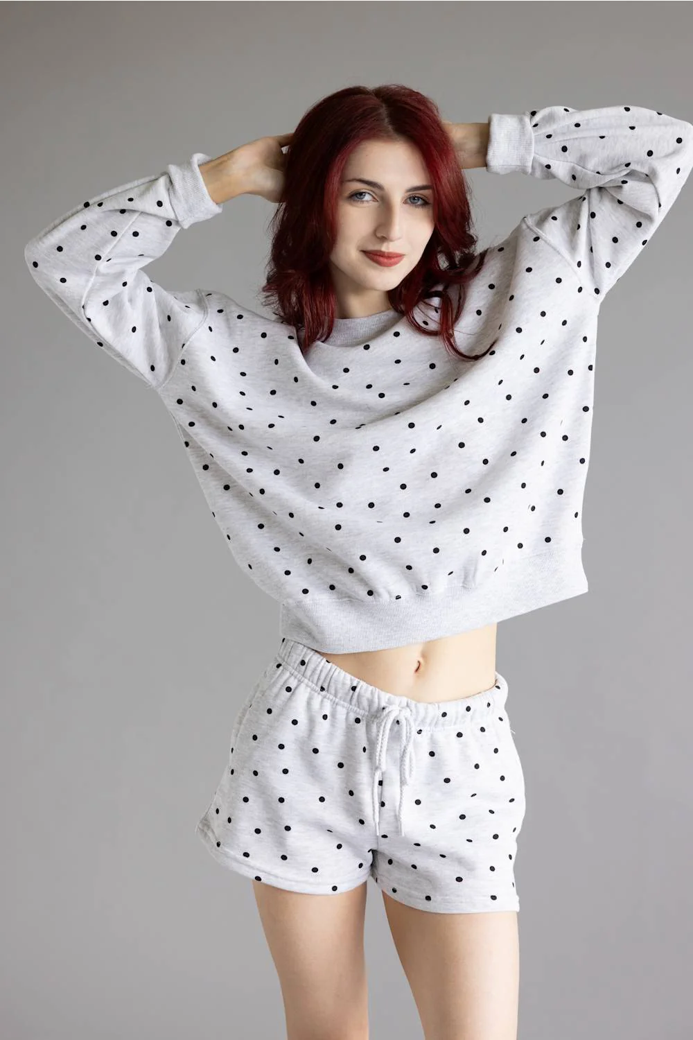 Polka Dot Fleece Crewneck for Women in Grey/Black | T2505-ICE GREY - Image 2