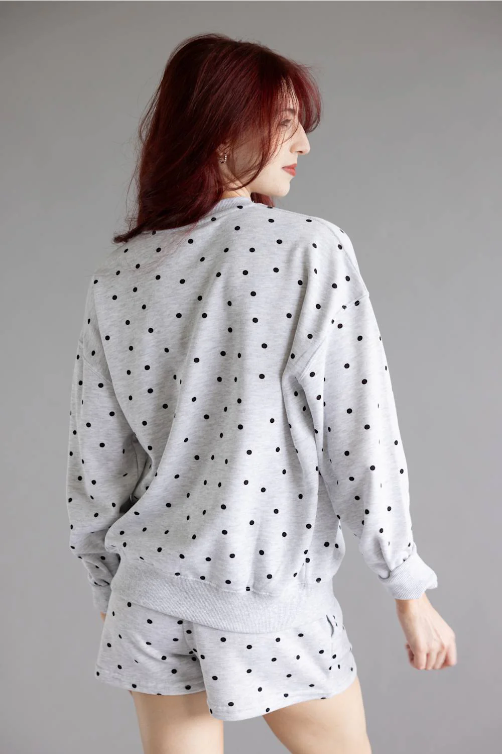 Polka Dot Fleece Crewneck for Women in Grey/Black | T2505-ICE GREY - Image 3