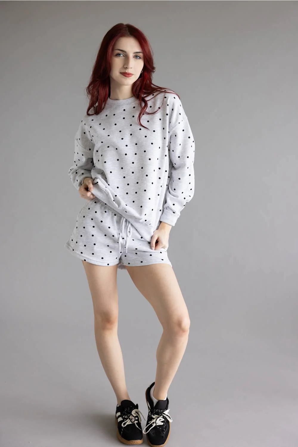Polka Dot Fleece Crewneck for Women in Grey/Black | T2505-ICE GREY - Image 4
