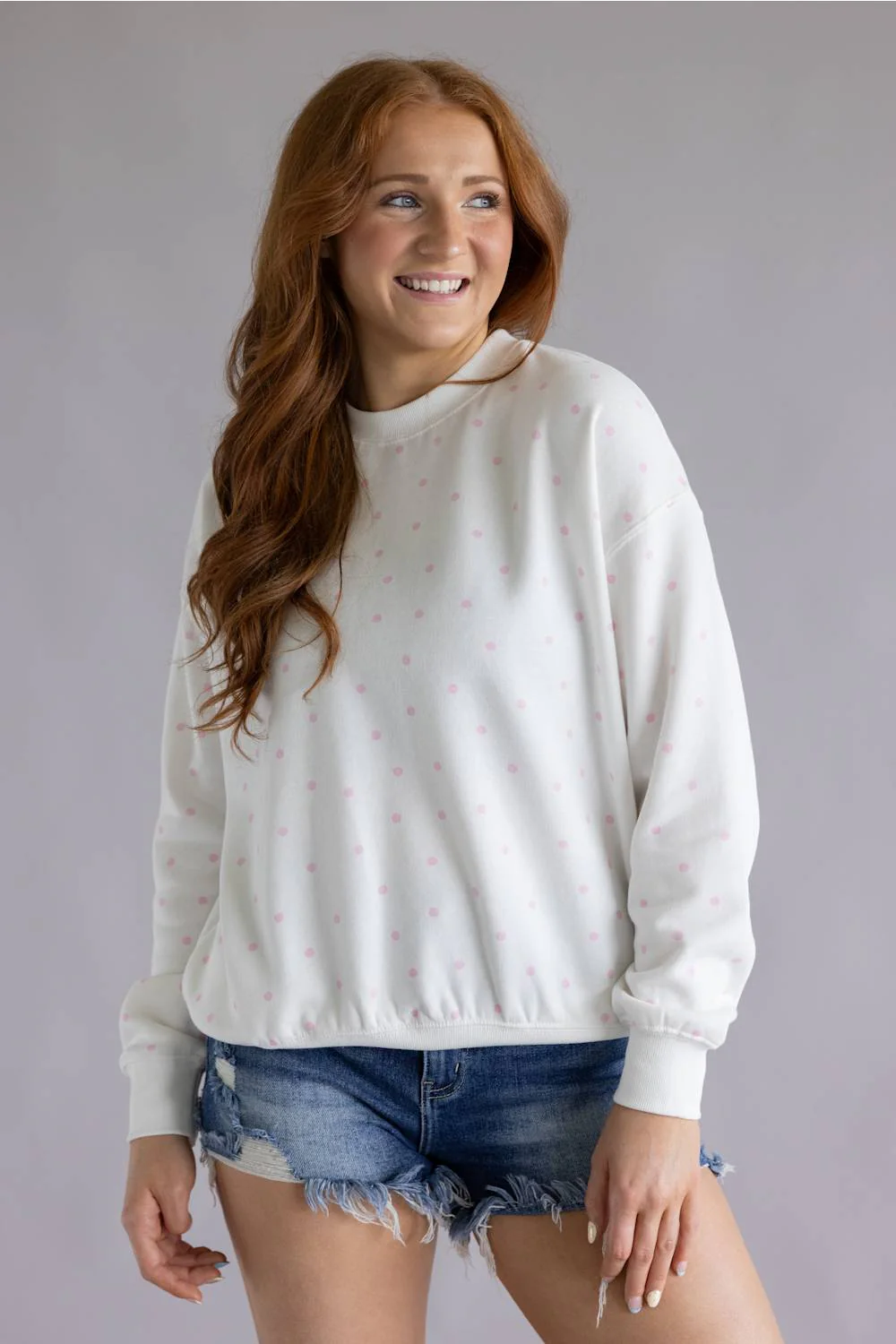 Polka Dot Fleece Crewneck for Women in White/Pink | T2505-IVORY - Image 2