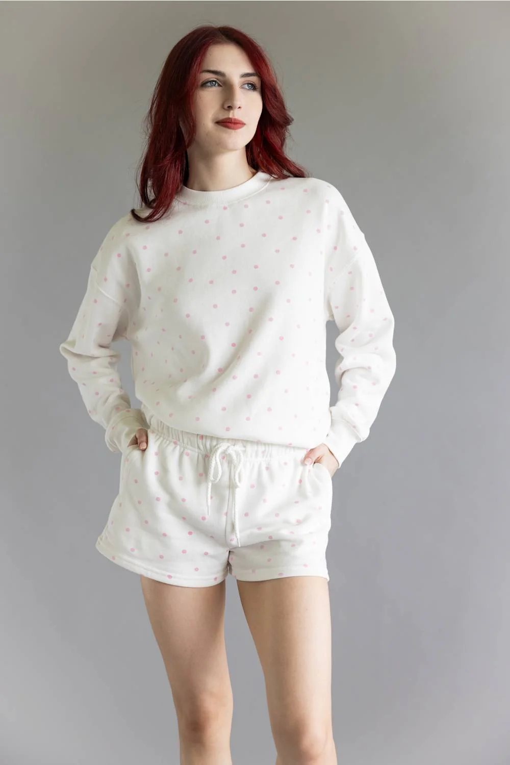 Polka Dot Fleece Crewneck for Women in White/Pink | T2505-IVORY - Image 3