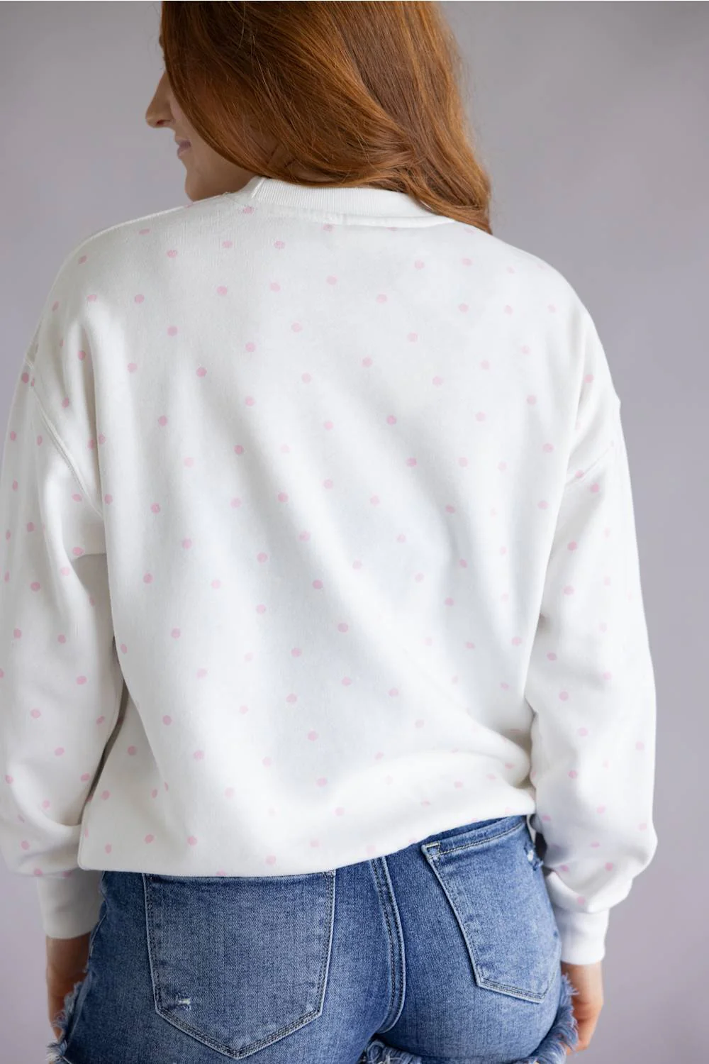 Polka Dot Fleece Crewneck for Women in White/Pink | T2505-IVORY - Image 4