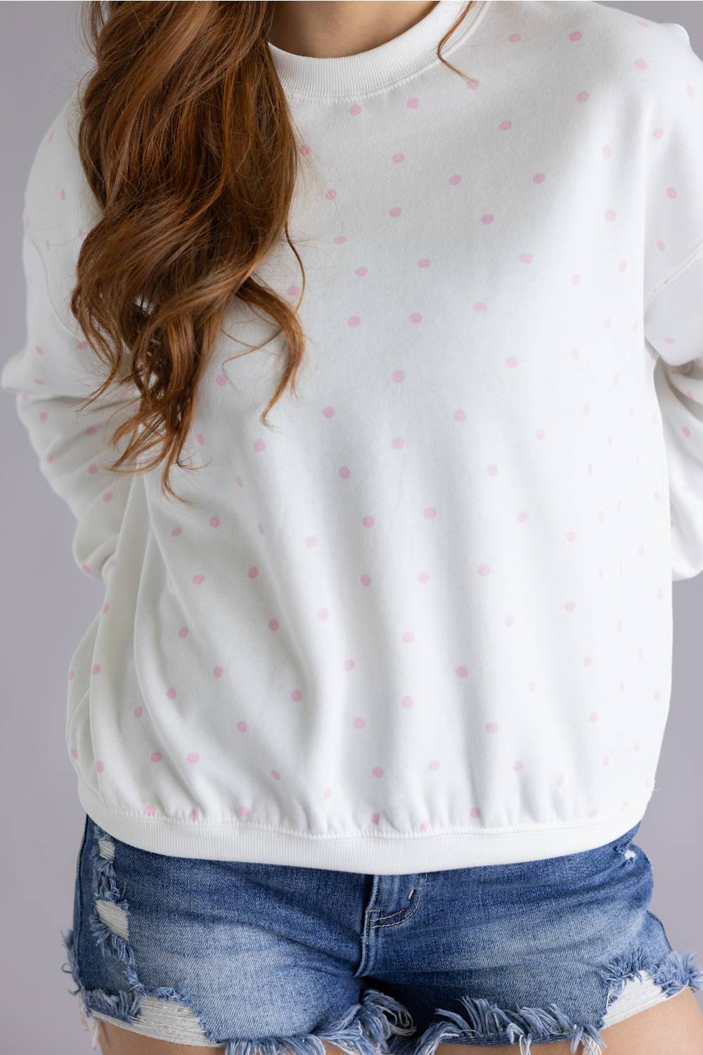 Polka Dot Fleece Crewneck for Women in White/Pink | T2505-IVORY - Image 5