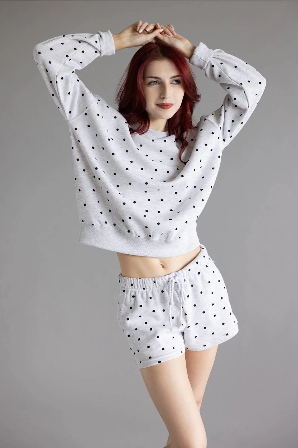 Polka Dot Fleece Shorts for Women in Grey/Black | H505-ICE GREY - Image 3