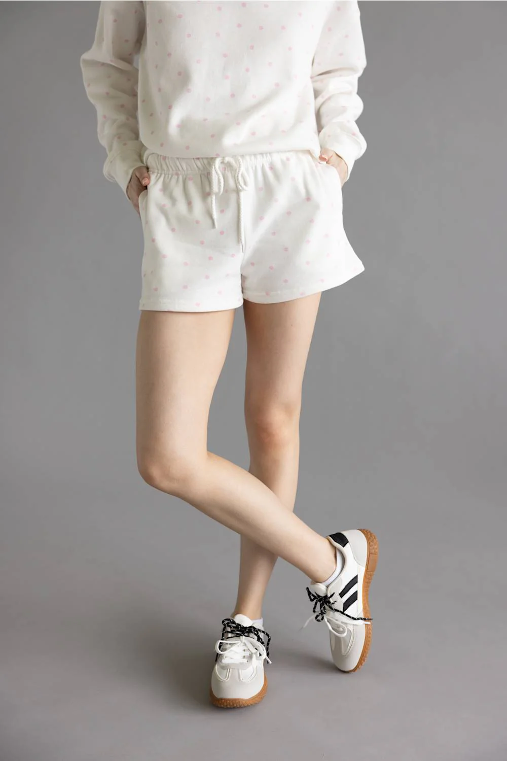 Polka Dot Fleece Shorts for Women in Ivory/Pink | H505-IVORY - Image 2