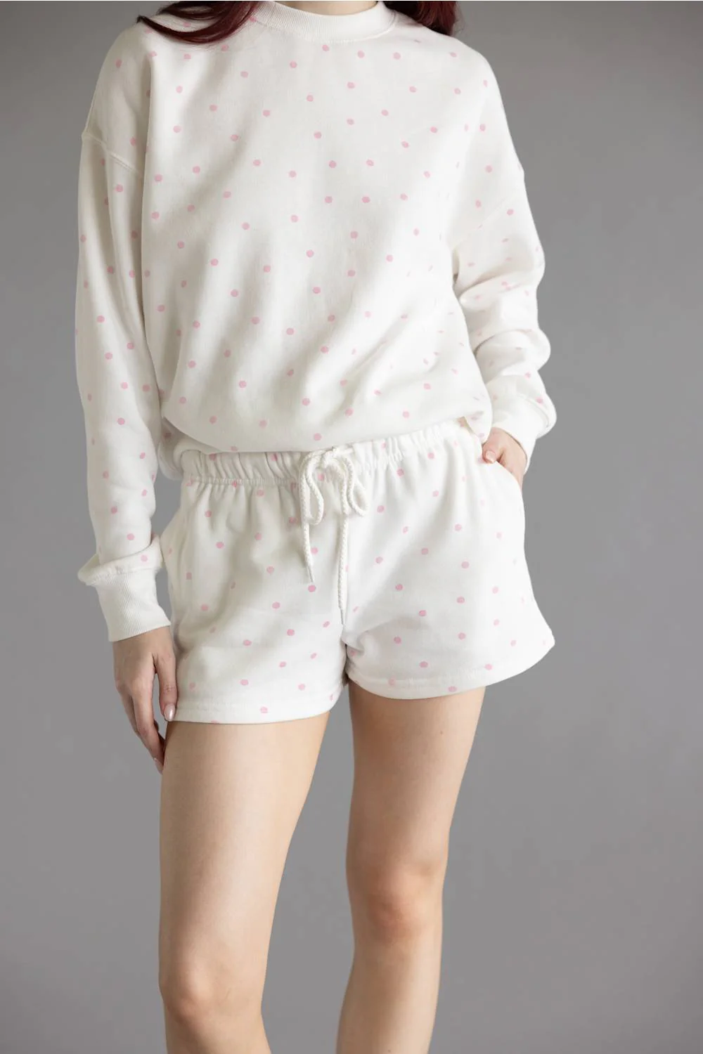 Polka Dot Fleece Shorts for Women in Ivory/Pink | H505-IVORY - Image 5