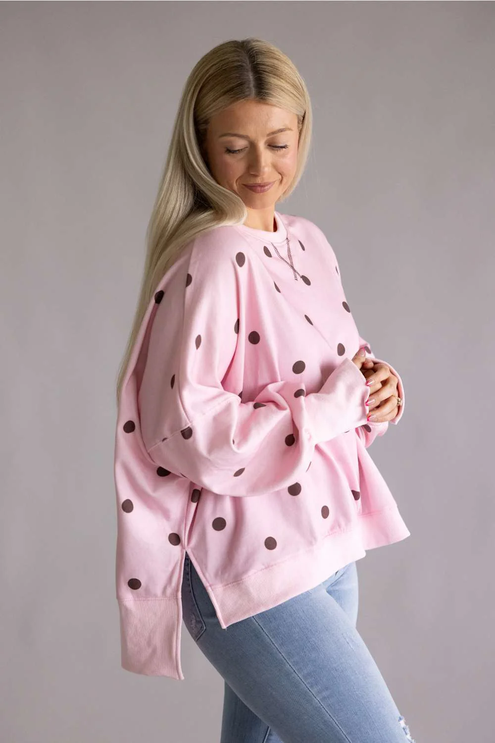 Polka Dot Oversized Sweatshirt for Women in Pink | IKT300615-03-LTPINK - Image 2