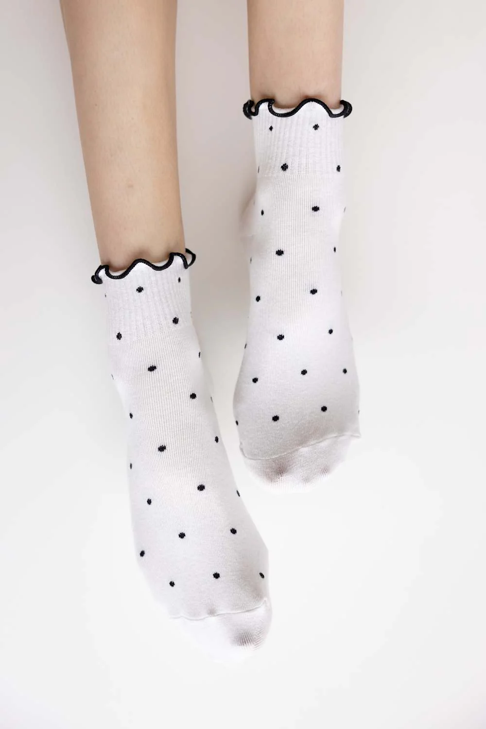 Polka Dot Ruffled Crew Socks for Women in White | SK354WH - Image 2