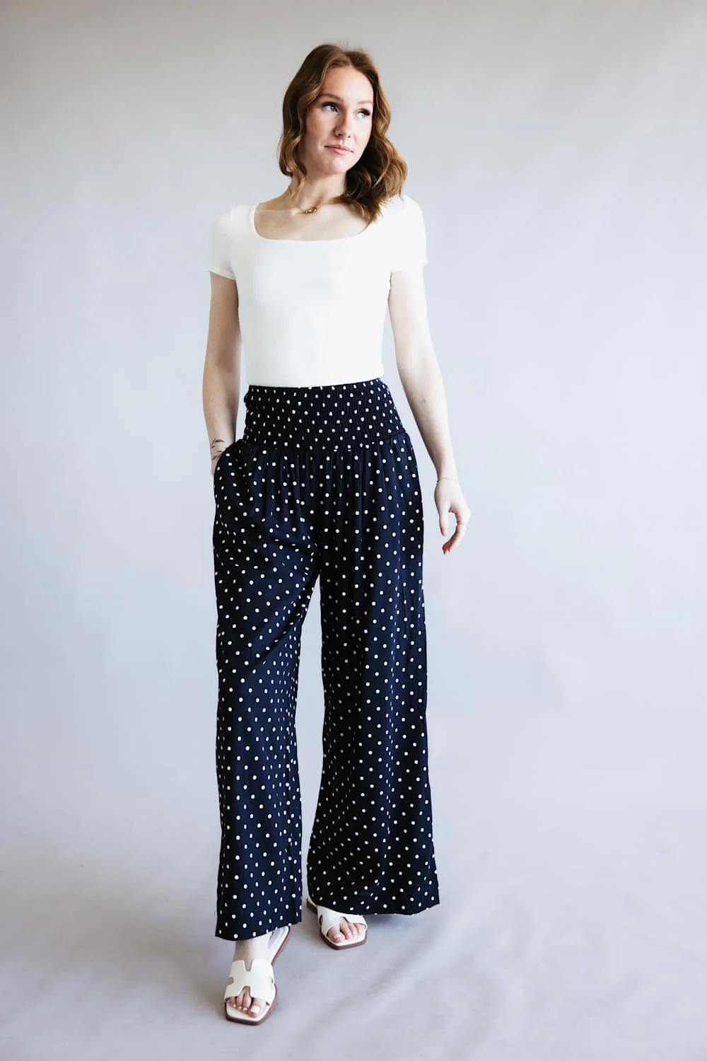 Polka Dot Smocked Wide Leg Pants for Women in Navy | HF26C280-NAVY - Image 2