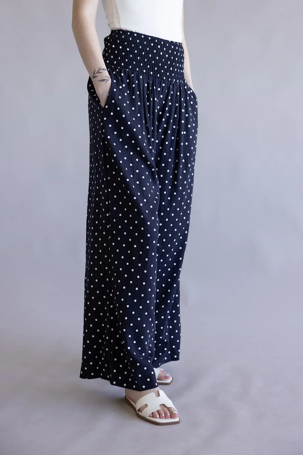 Polka Dot Smocked Wide Leg Pants for Women in Navy | HF26C280-NAVY - Image 4