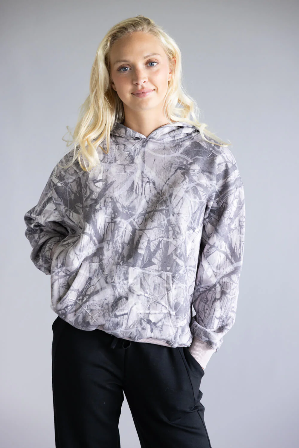 Pretty Garbage Camo Fleece Hoodie for Women in Dark Grey | PST1767-1-CAMO - Image 4