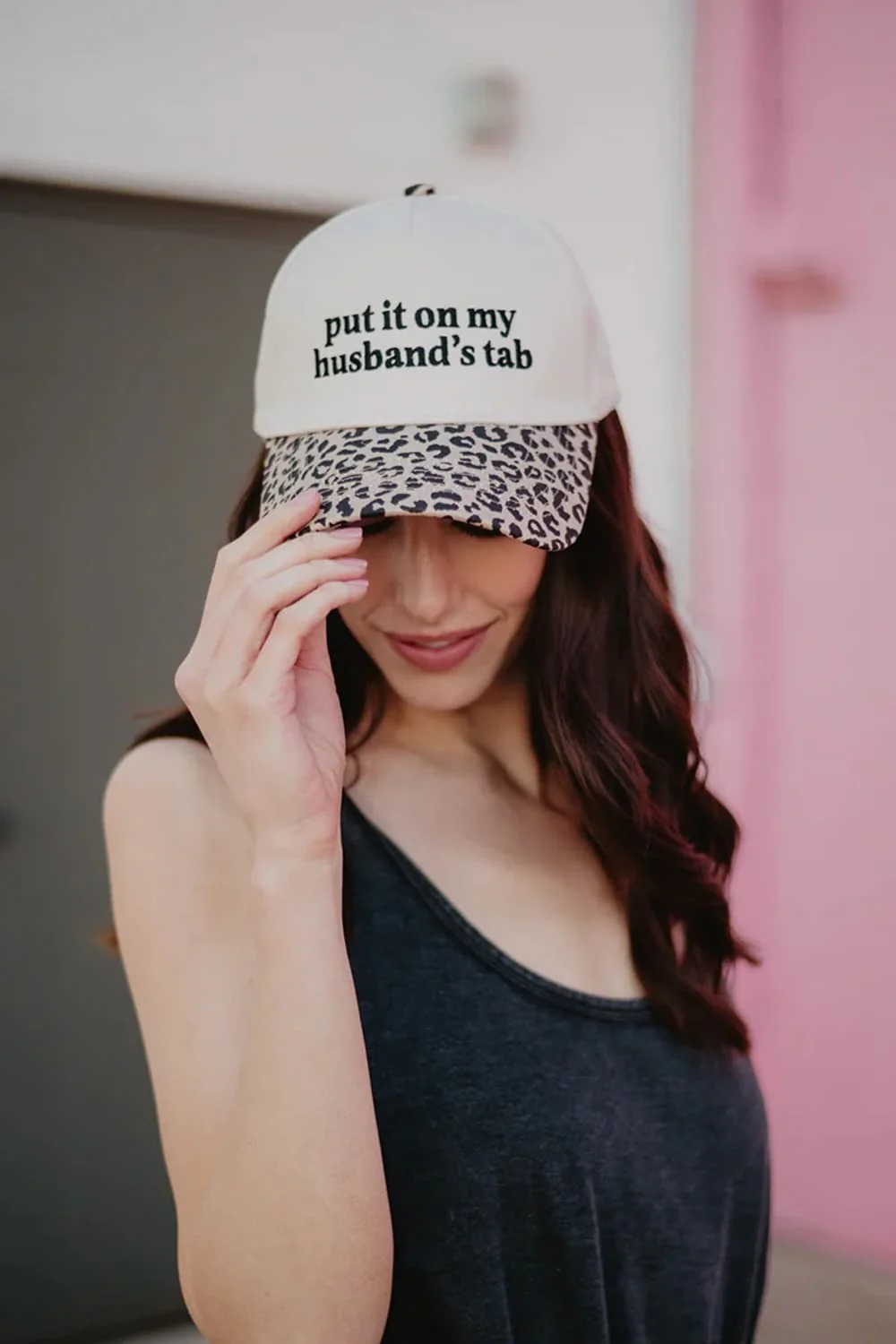 Put It On My Husband’s Tab Trucker Hat for Women in Leopard/Tan | KDC-BC-1110-LEO-TAN - Image 2