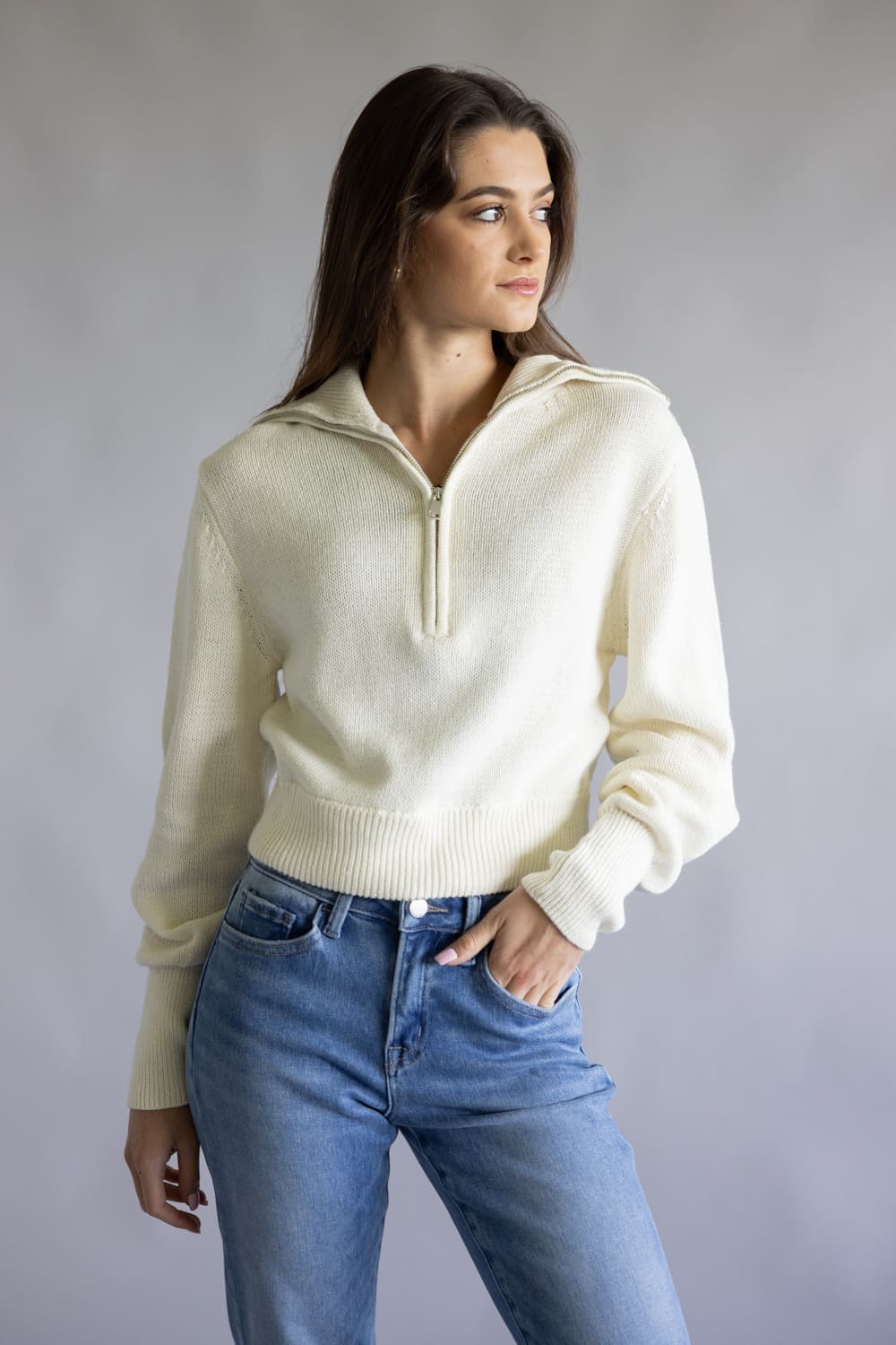 Quarter Zip Crop Sweater for Women in Blizzard White | PF5S27844-BLIZZARDWHITE - Image 3