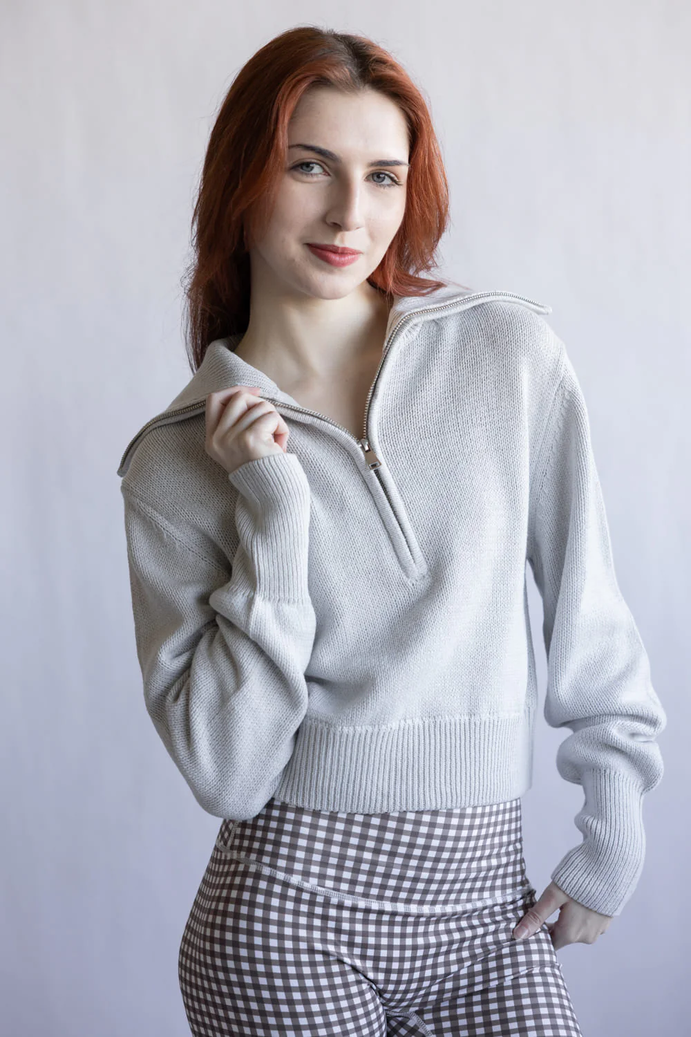 Quarter Zip Crop Sweater for Women in White Heather Grey | PF5S27844-WHITEHEATHERGREY - Image 4