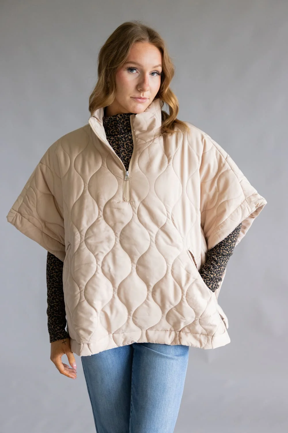 Quilted Puffer Poncho Quarter Zip for Women in Beige | ZCP520125-BEIGE - Image 3