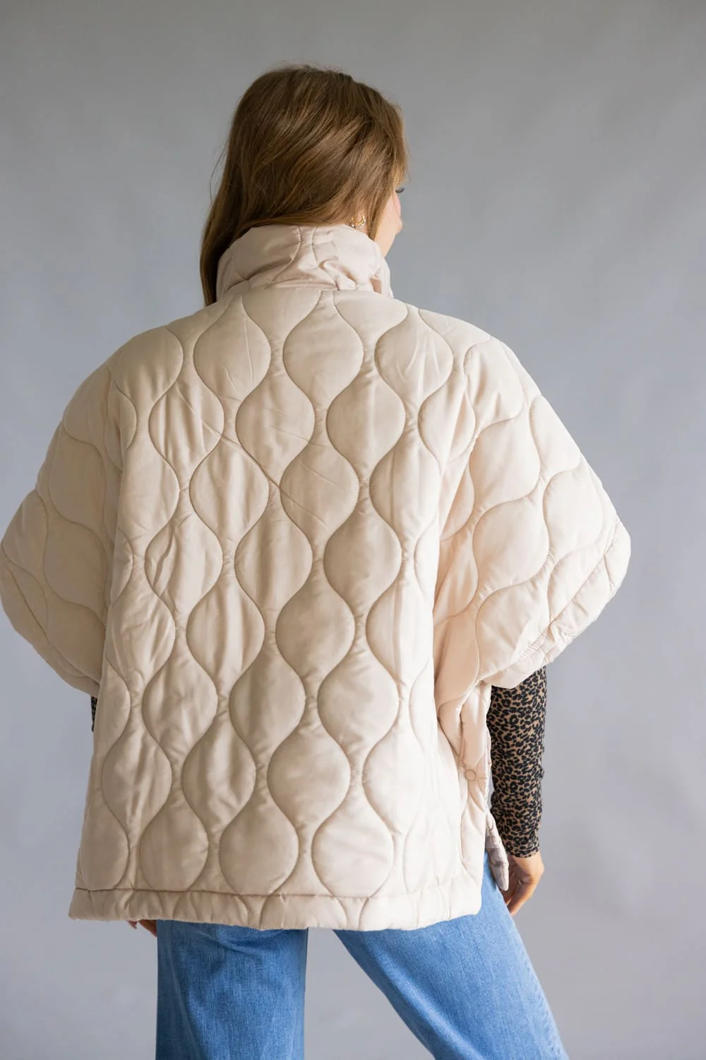Quilted Puffer Poncho Quarter Zip for Women in Beige | ZCP520125-BEIGE - Image 4