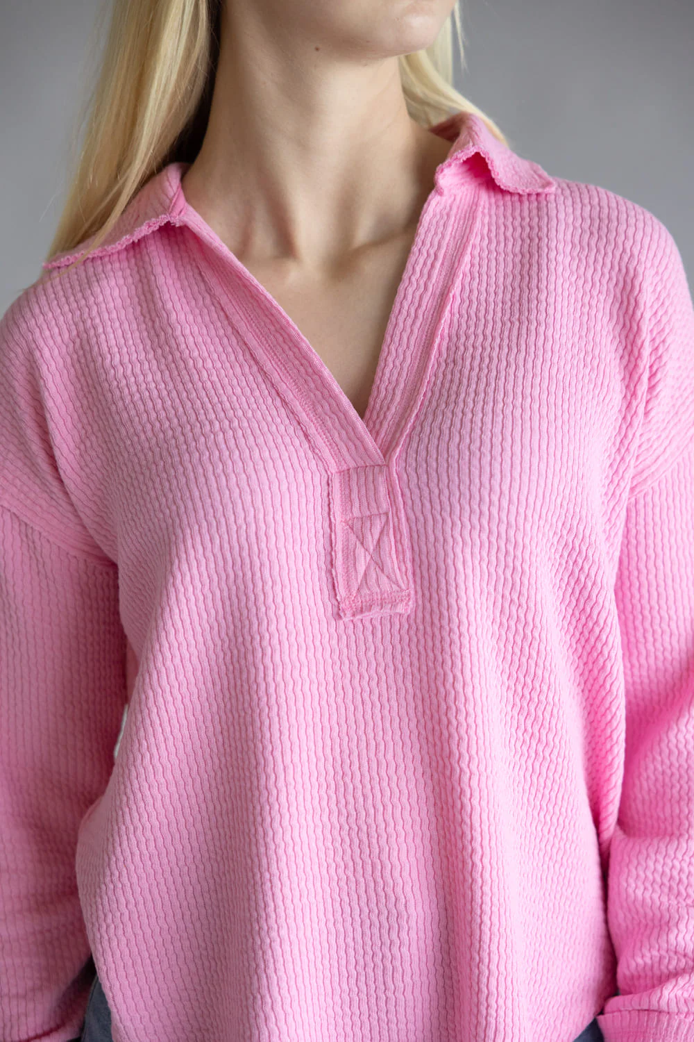 Blu Pepper Ribbed Knit Johnny Collar Top for Women in Light Pink | B3FT1012GL-LIGHTPINK - Image 3