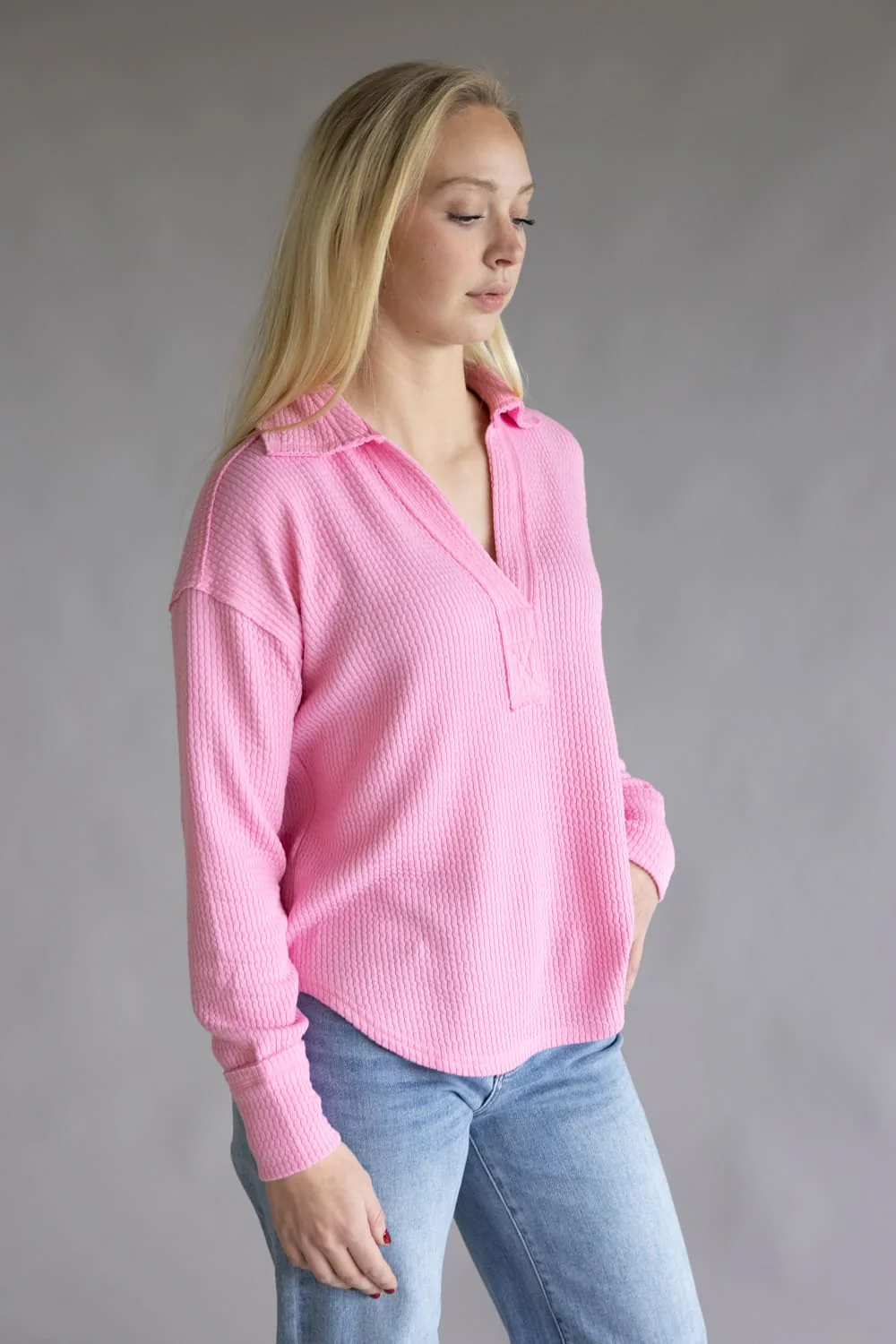 Blu Pepper Ribbed Knit Johnny Collar Top for Women in Light Pink | B3FT1012GL-LIGHTPINK - Image 5