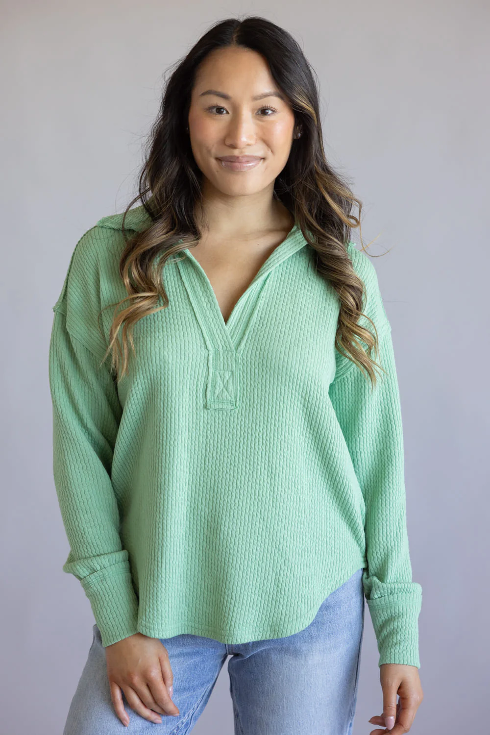 Blu Pepper Ribbed Knit Johnny Collar Top for Women in Sage | B3FT1012GL-SAGE