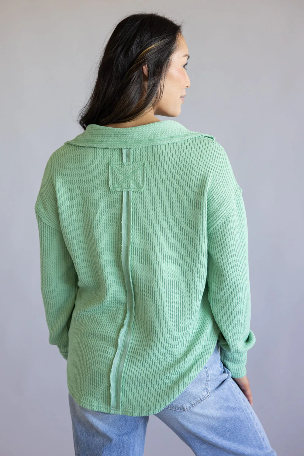 Blu Pepper Ribbed Knit Johnny Collar Top for Women in Sage | B3FT1012GL-SAGE - Image 2