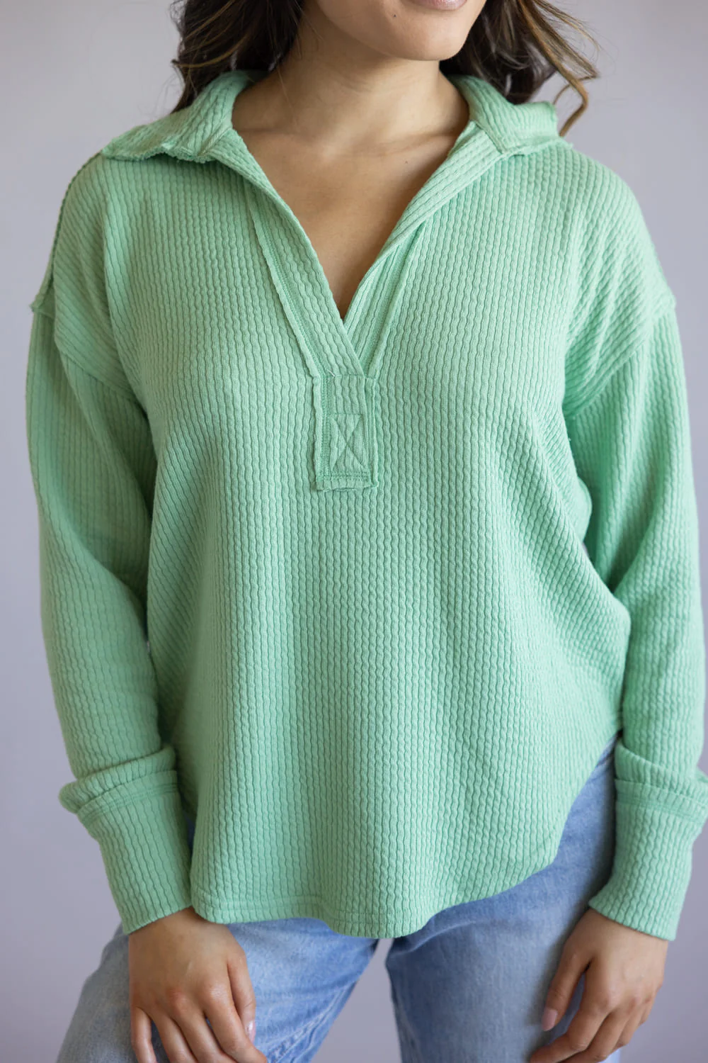 Blu Pepper Ribbed Knit Johnny Collar Top for Women in Sage | B3FT1012GL-SAGE - Image 4