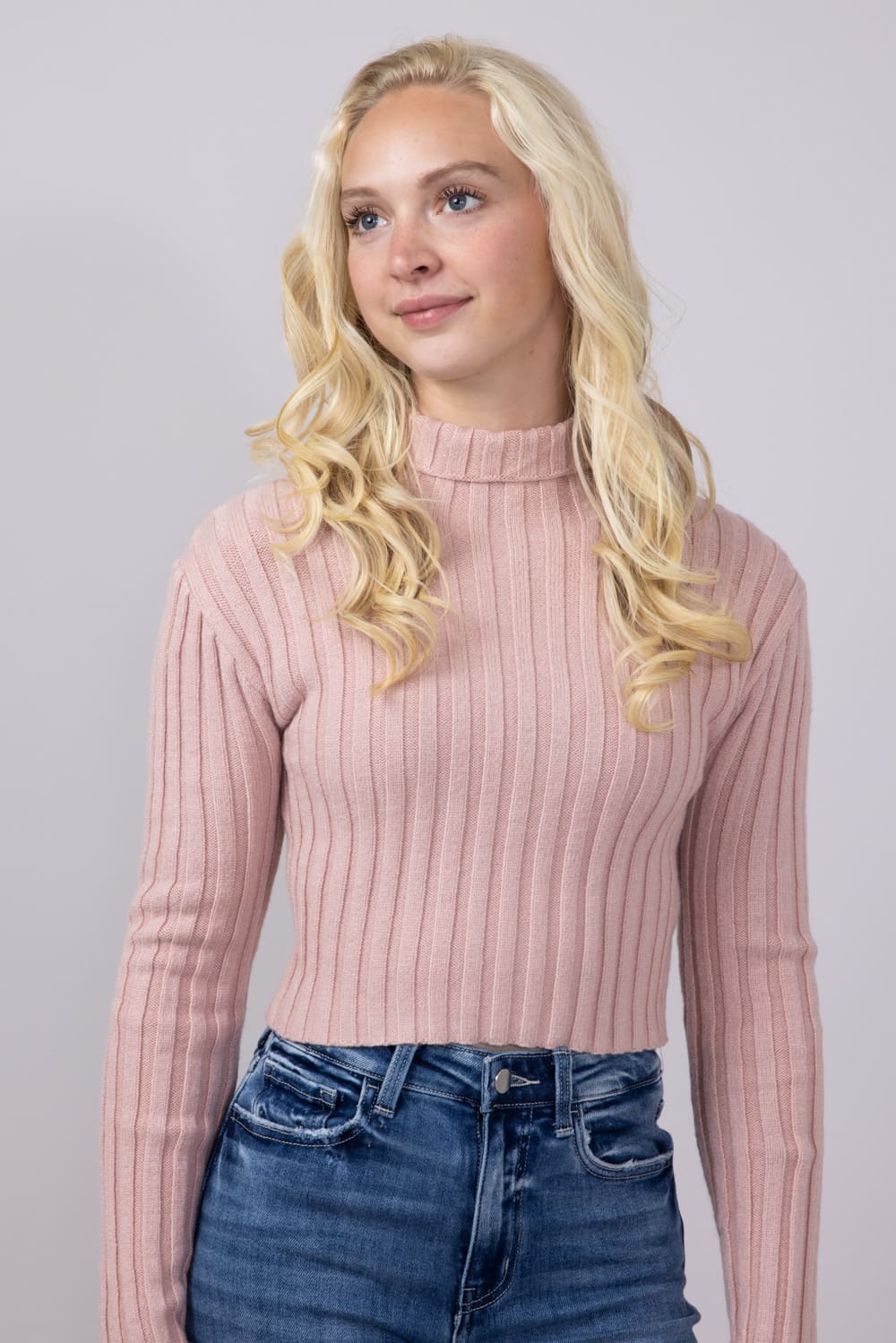 Ribbed Mock Neck Cropped Sweater for Women - Image 2