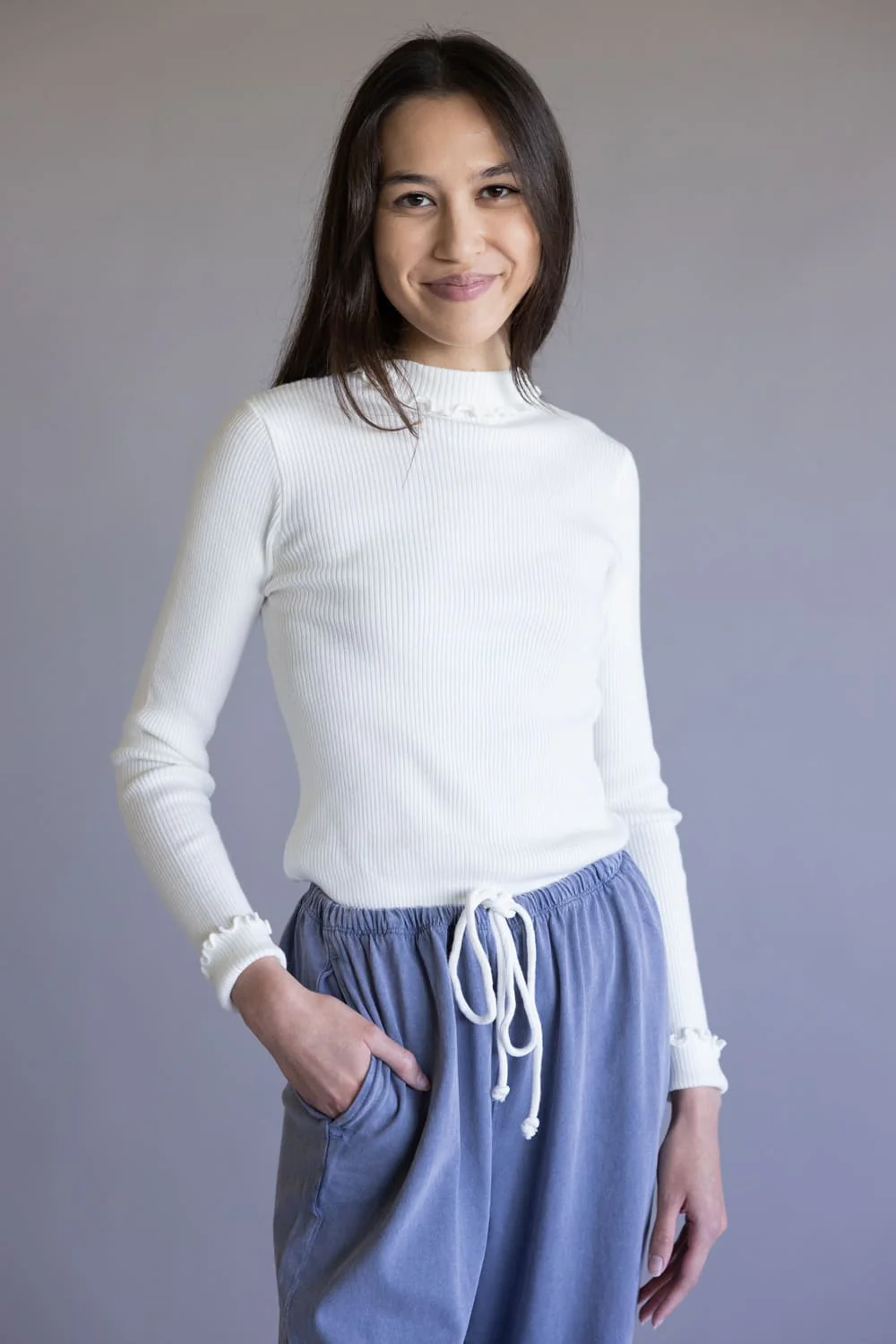 Ribbed Mock Neck Lettuce Hem Top for Women in White | 344BN-WHT - Image 2