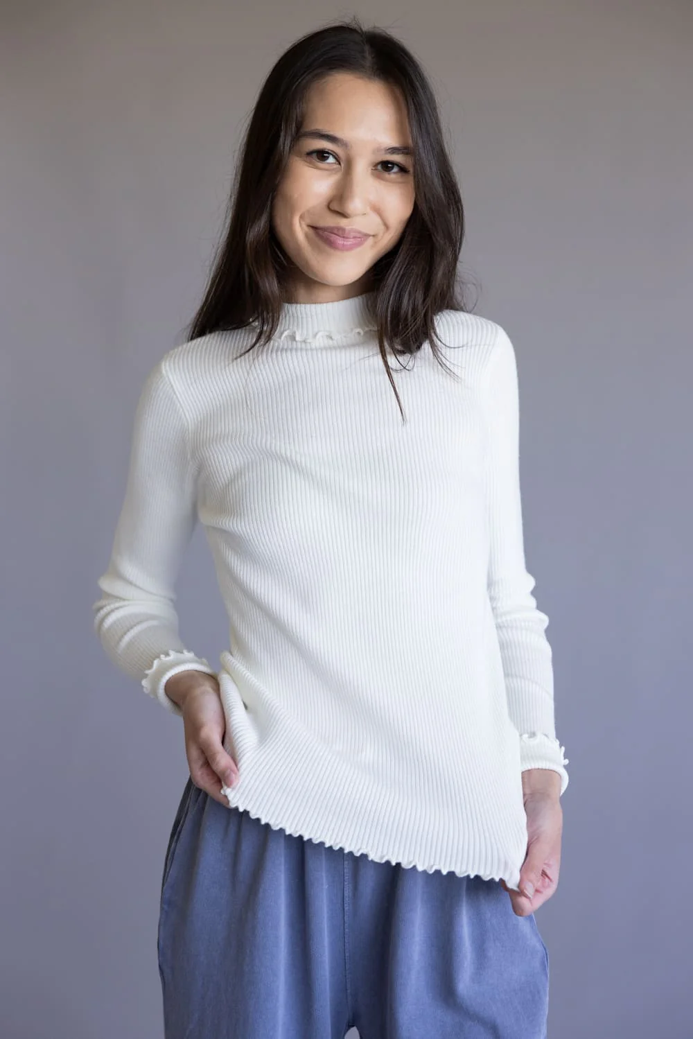 Ribbed Mock Neck Lettuce Hem Top for Women in White | 344BN-WHT - Image 3