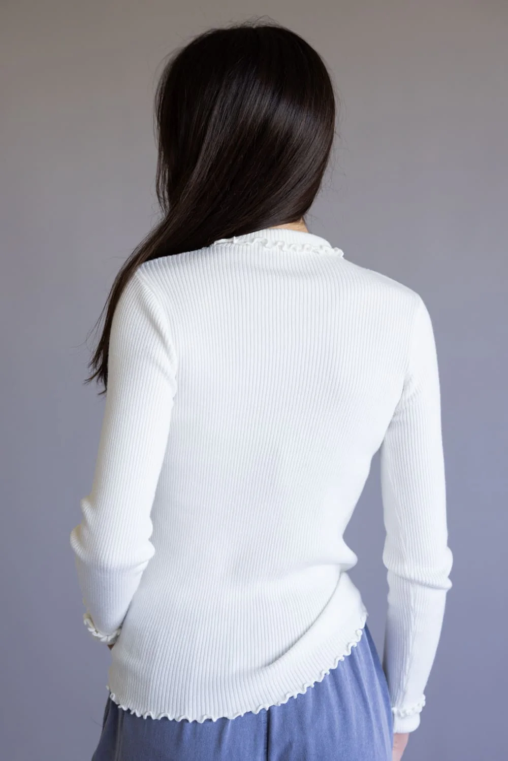 Ribbed Mock Neck Lettuce Hem Top for Women in White | 344BN-WHT - Image 4