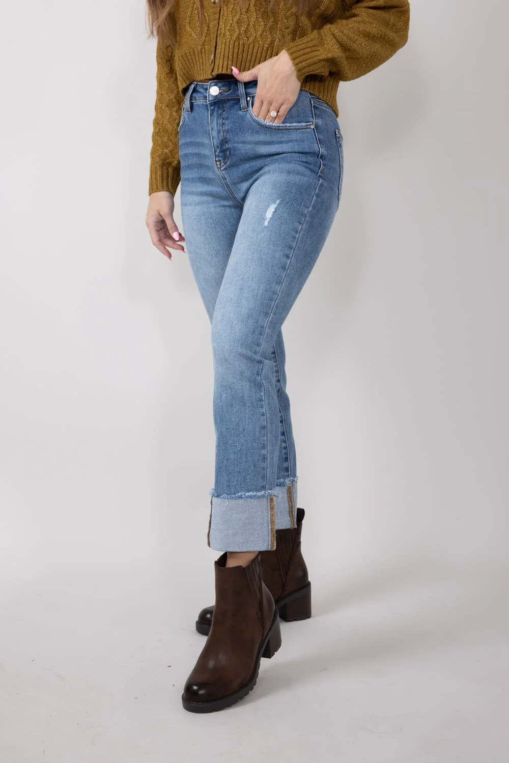 Risen High Rise Cuffed Straight Leg Jeans for Women | GL_RDP1282CH-LT - Image 3