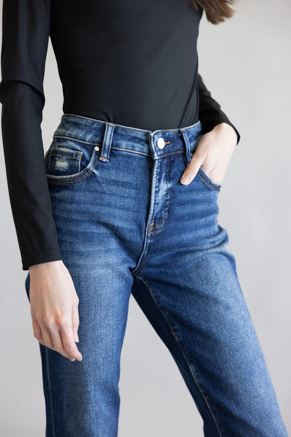 Risen High Rise Tummy Control Cuffed Straight Leg Jeans for Women | RDP5877-DK - Image 2