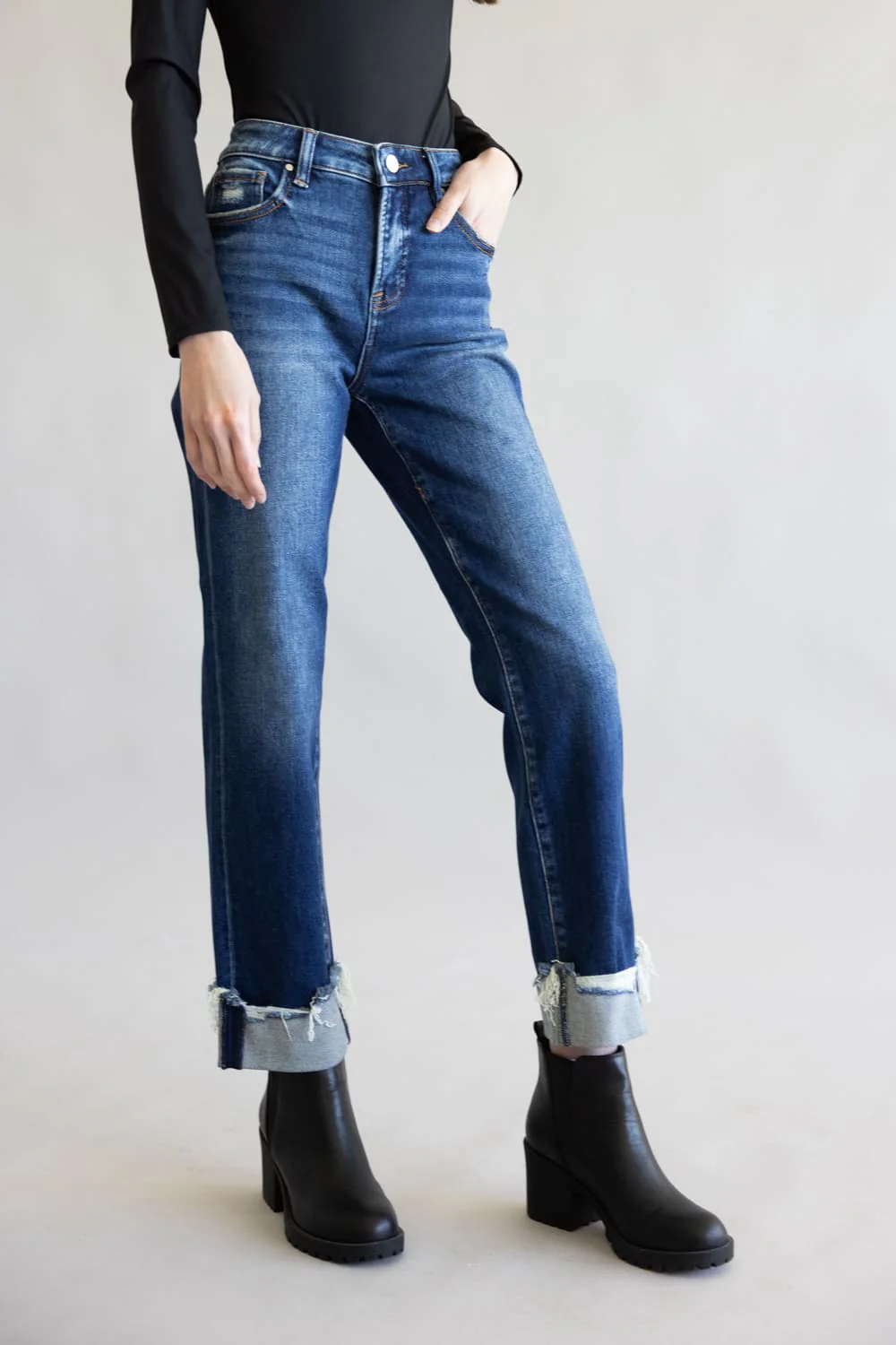 Risen High Rise Tummy Control Cuffed Straight Leg Jeans for Women | RDP5877-DK - Image 4