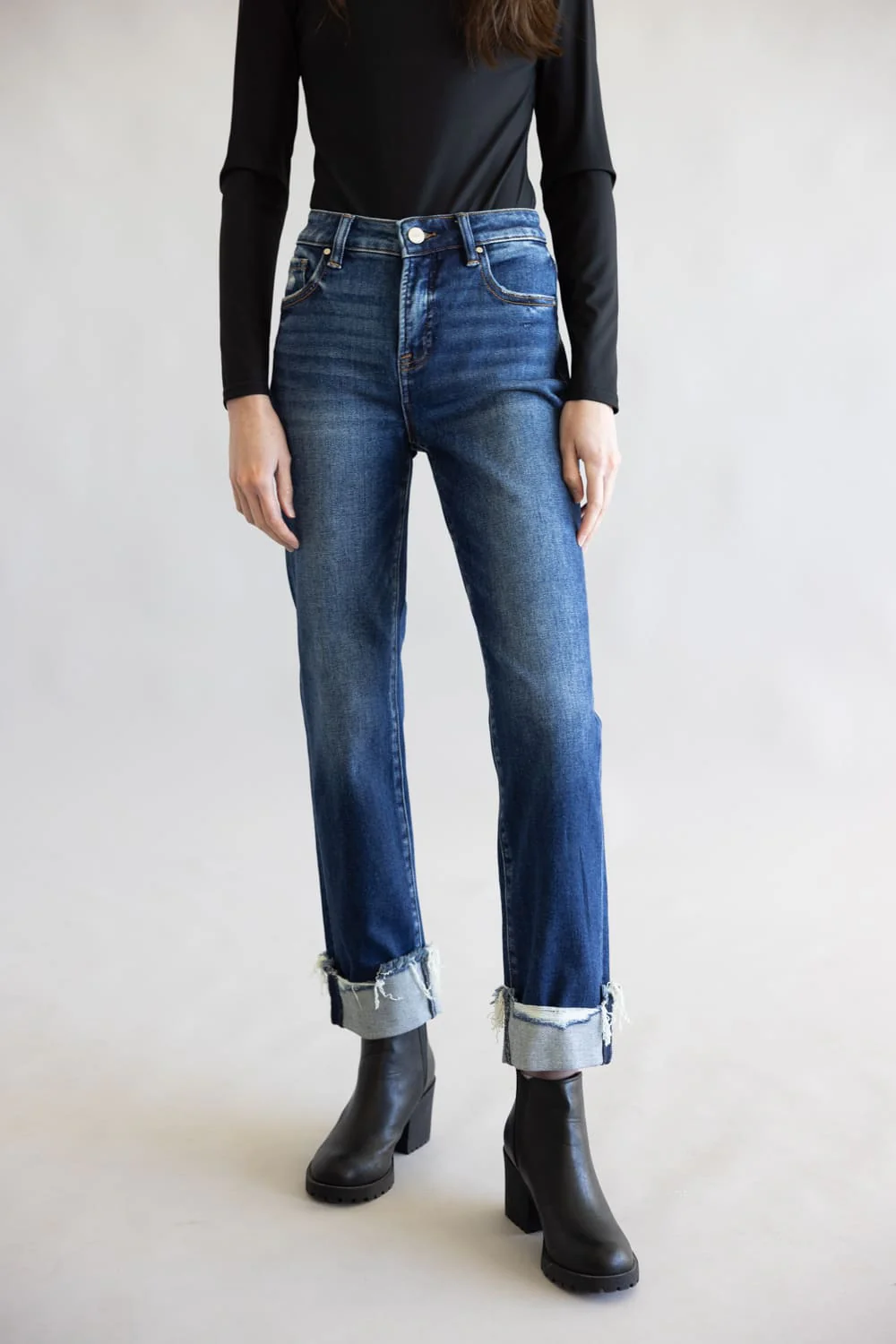 Risen High Rise Tummy Control Cuffed Straight Leg Jeans for Women | RDP5877-DK - Image 5