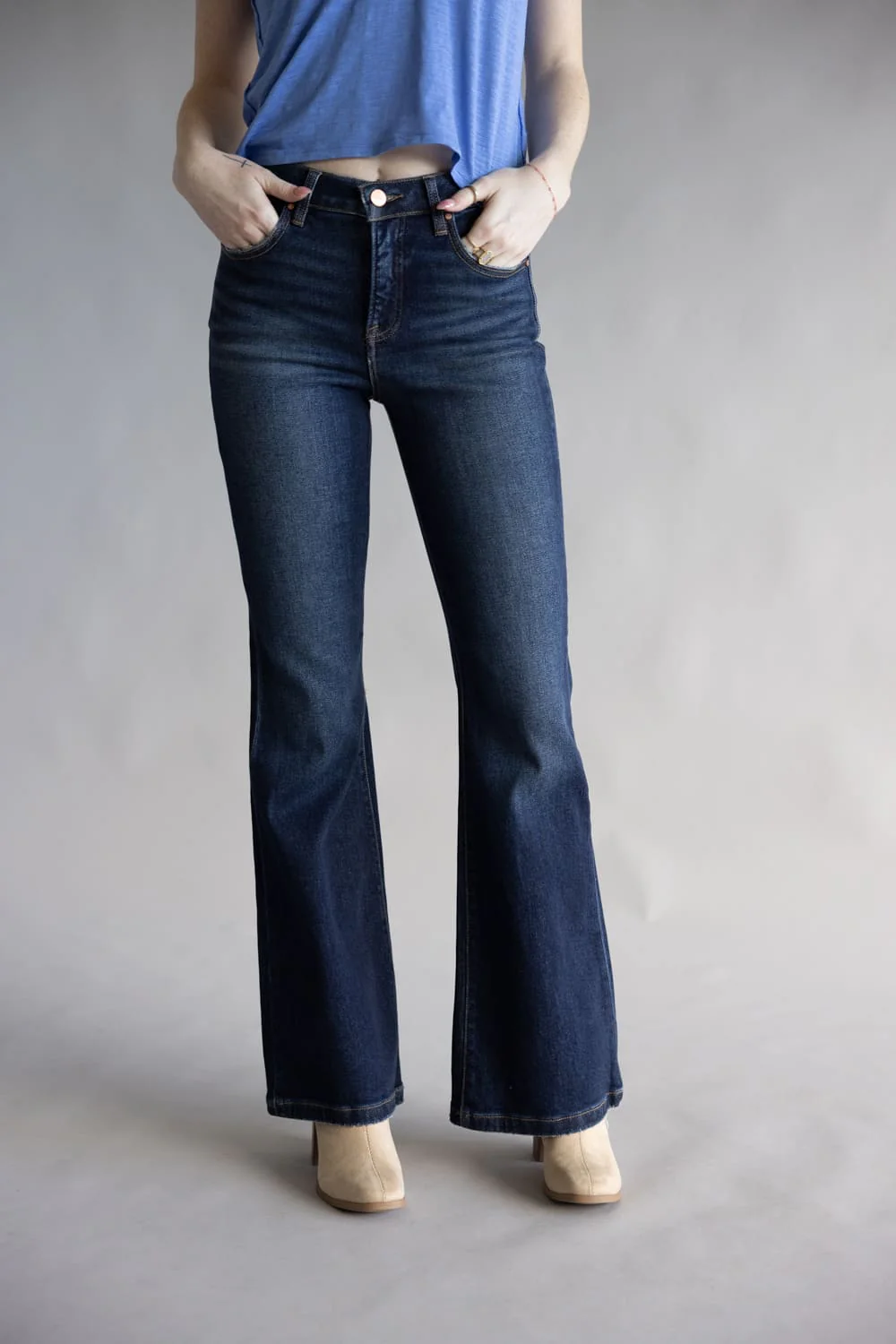 Risen High Rise Tummy Control Flare Jeans for Women | RDP5967-DK - Image 3