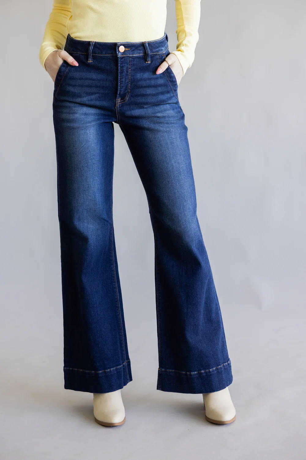 Risen High Rise Tummy Control Wide Leg Jeans for Women | PW21525-DK - Image 2