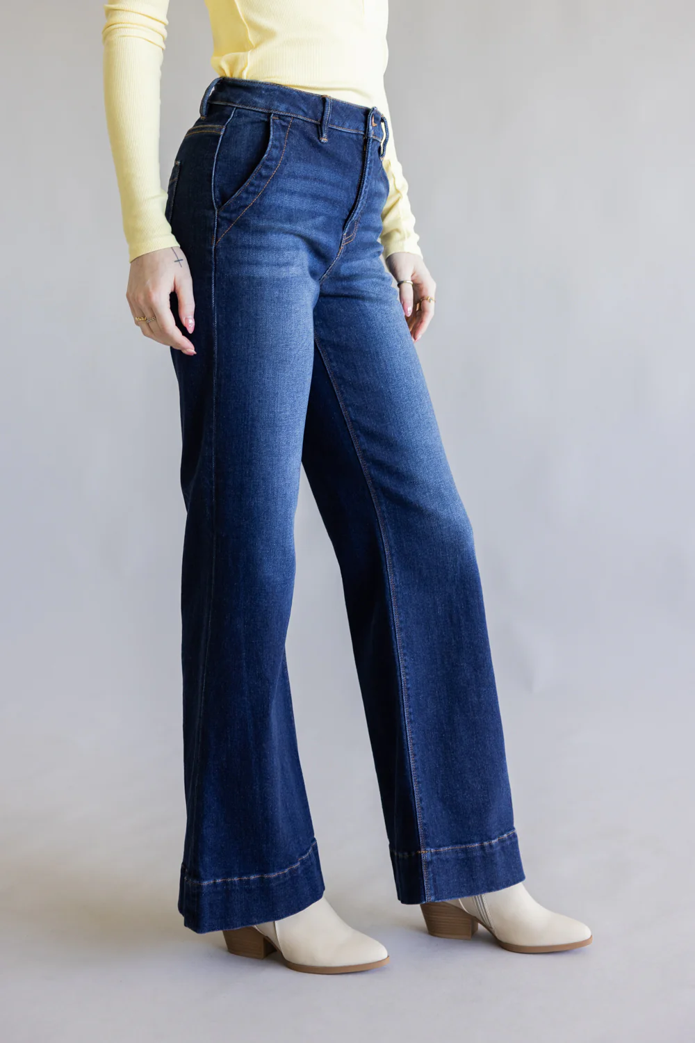 Risen High Rise Tummy Control Wide Leg Jeans for Women | PW21525-DK - Image 3