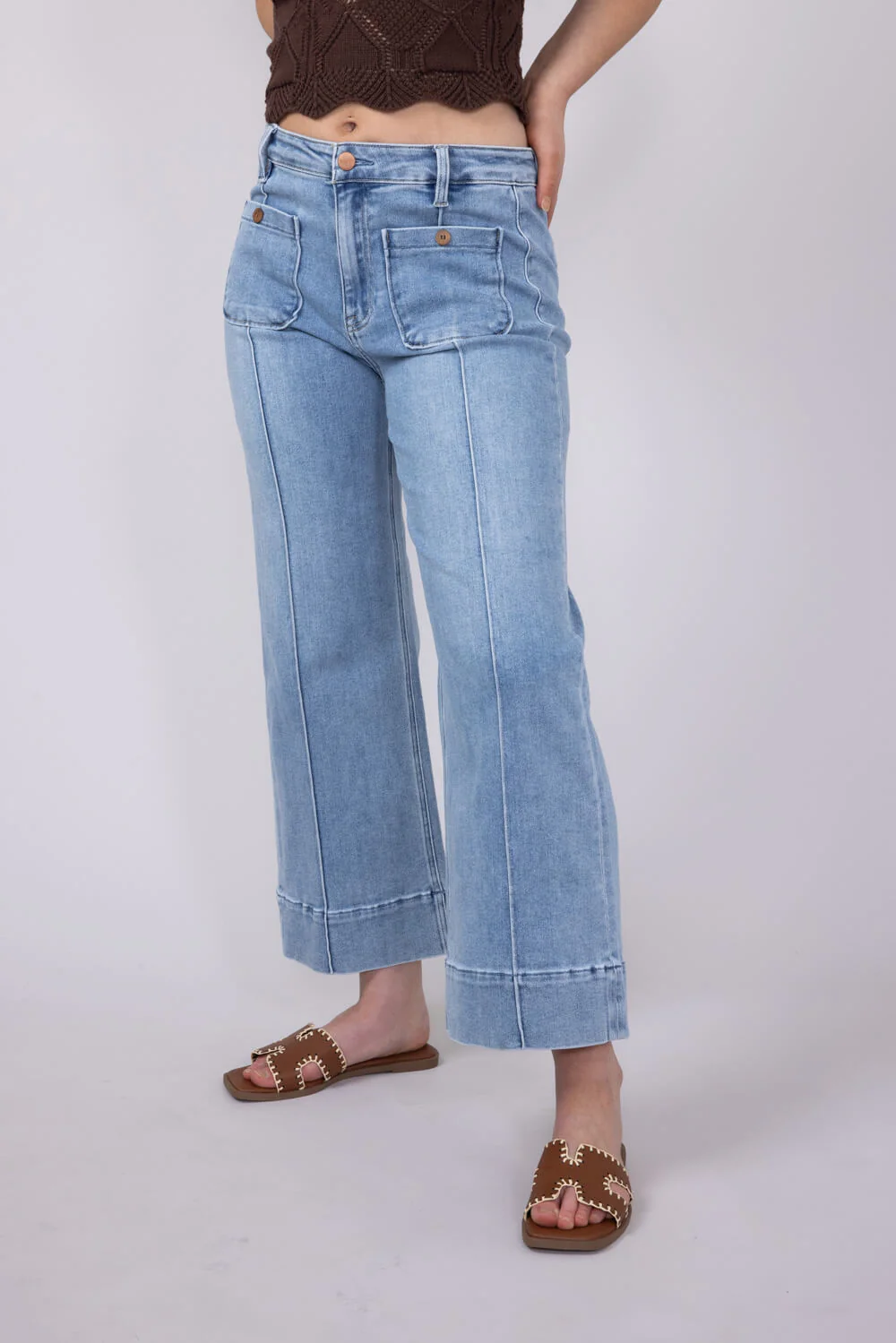 Risen Jeans High Rise Crop Wide Leg Exposed Stitch Jeans for Women | PWC21009-LT - Image 3