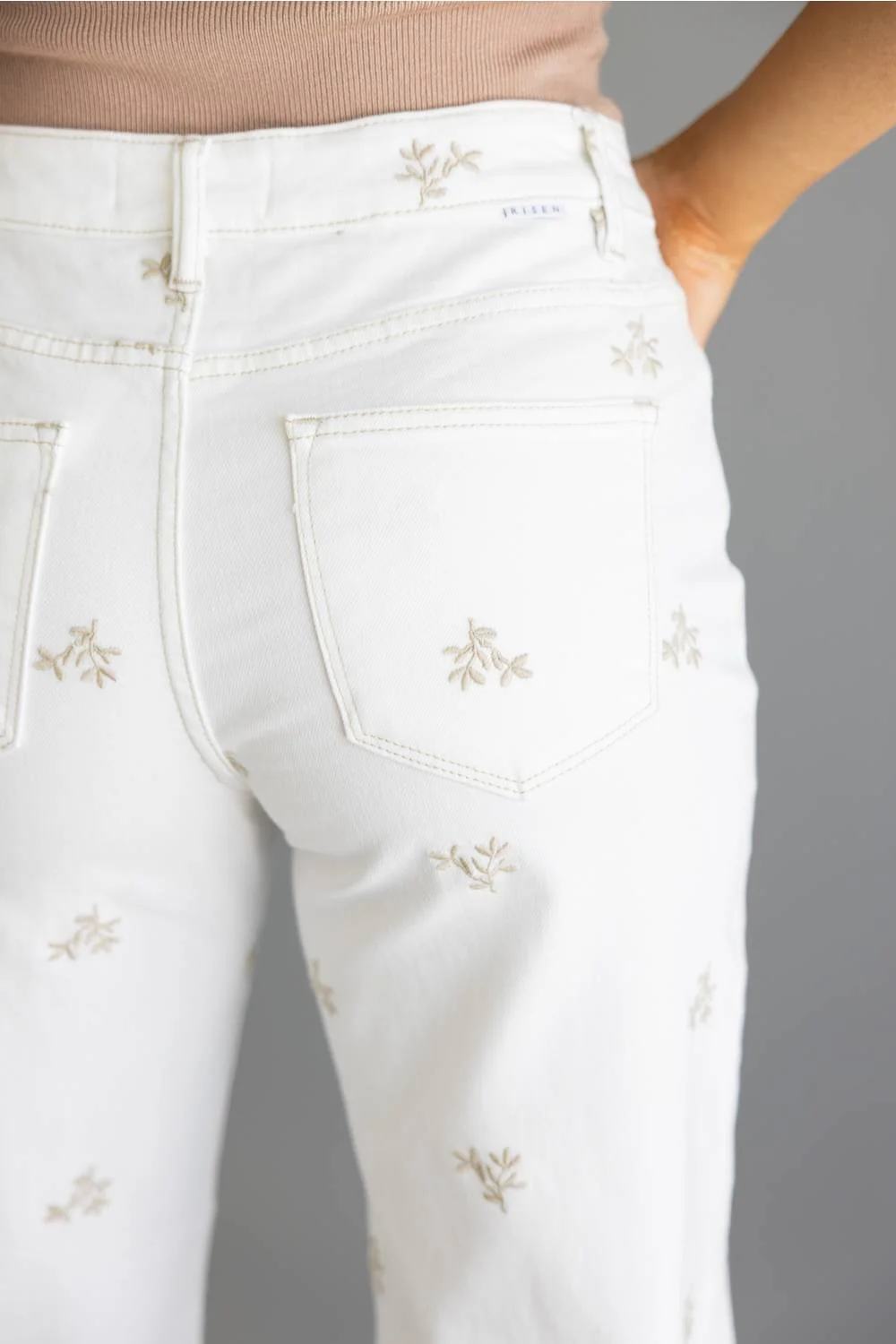 Risen High Rise Leaf Embroidered Barrel Jeans for Women in Cream | PGA211327-CREAM - Image 3