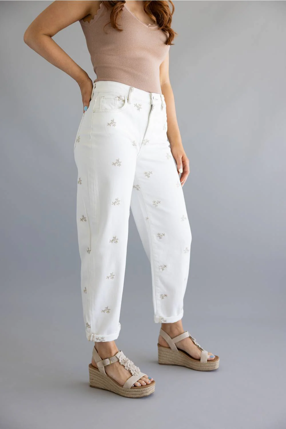 Risen High Rise Leaf Embroidered Barrel Jeans for Women in Cream | PGA211327-CREAM - Image 4