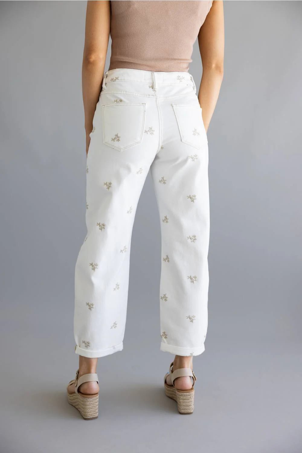 Risen High Rise Leaf Embroidered Barrel Jeans for Women in Cream | PGA211327-CREAM - Image 5