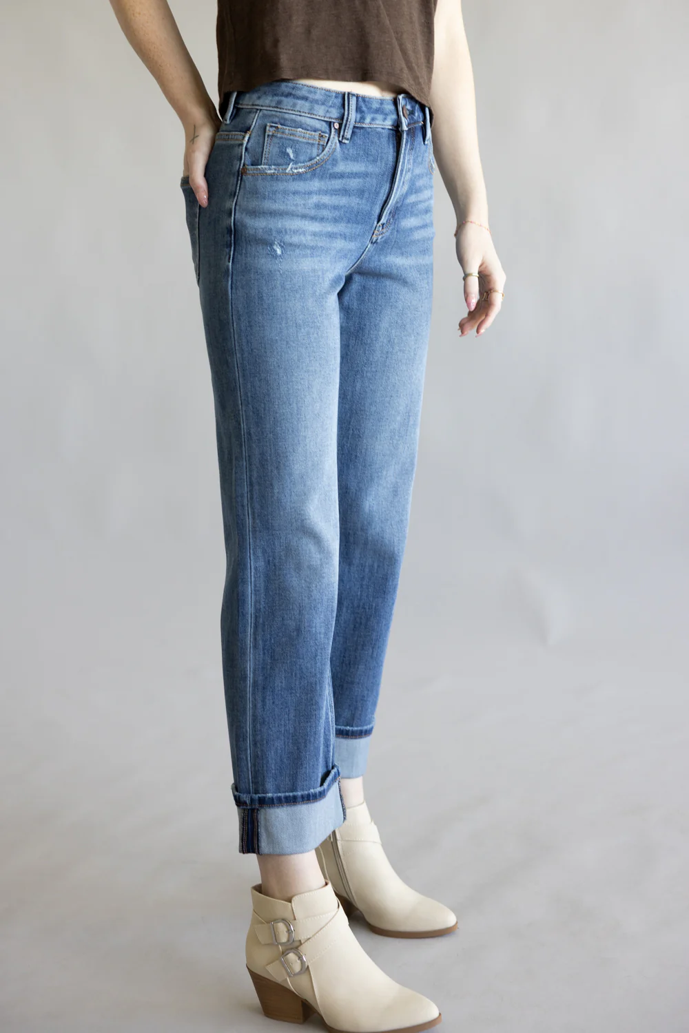 Risen Mid-Rise Relaxed Straight Leg Cuff Jeans for Women | PSC21468-DK - Image 5