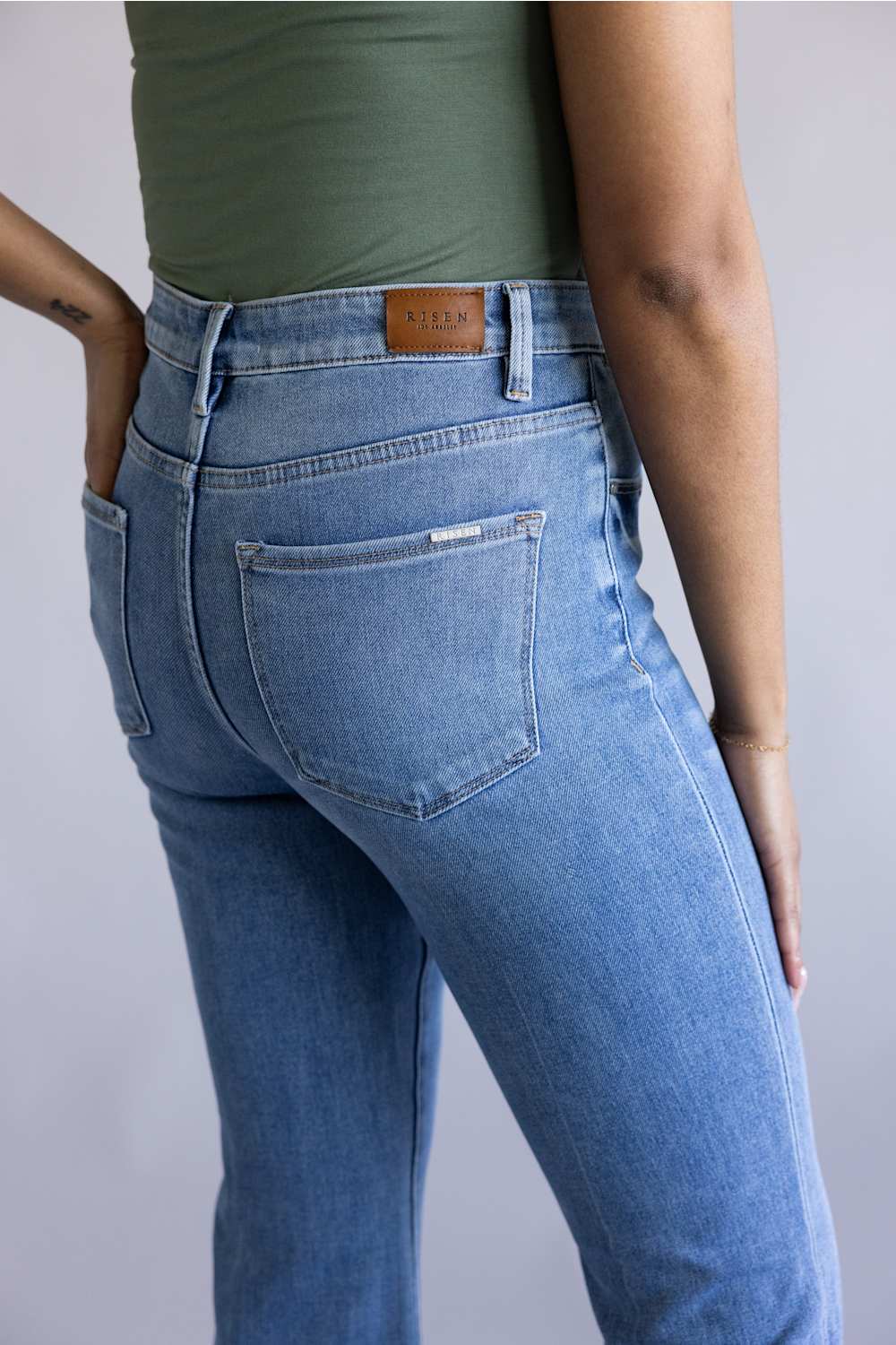 Risen Mid Rise Tummy Control Flare Jeans for Women | PF21652-MD - Image 3