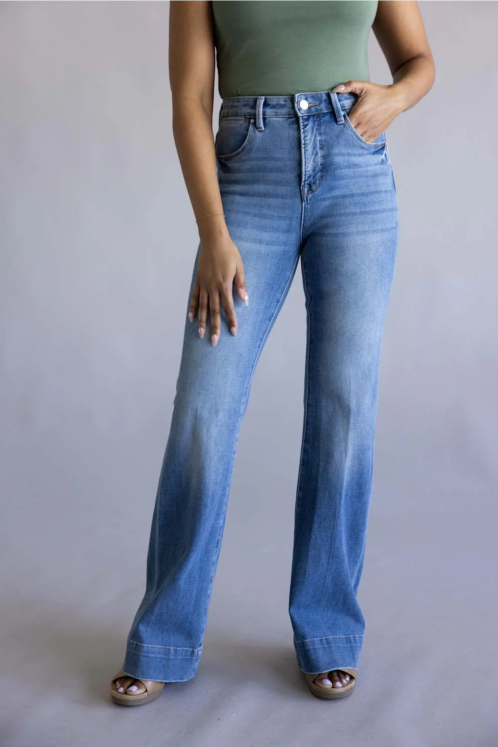 Risen Mid Rise Tummy Control Flare Jeans for Women | PF21652-MD - Image 4