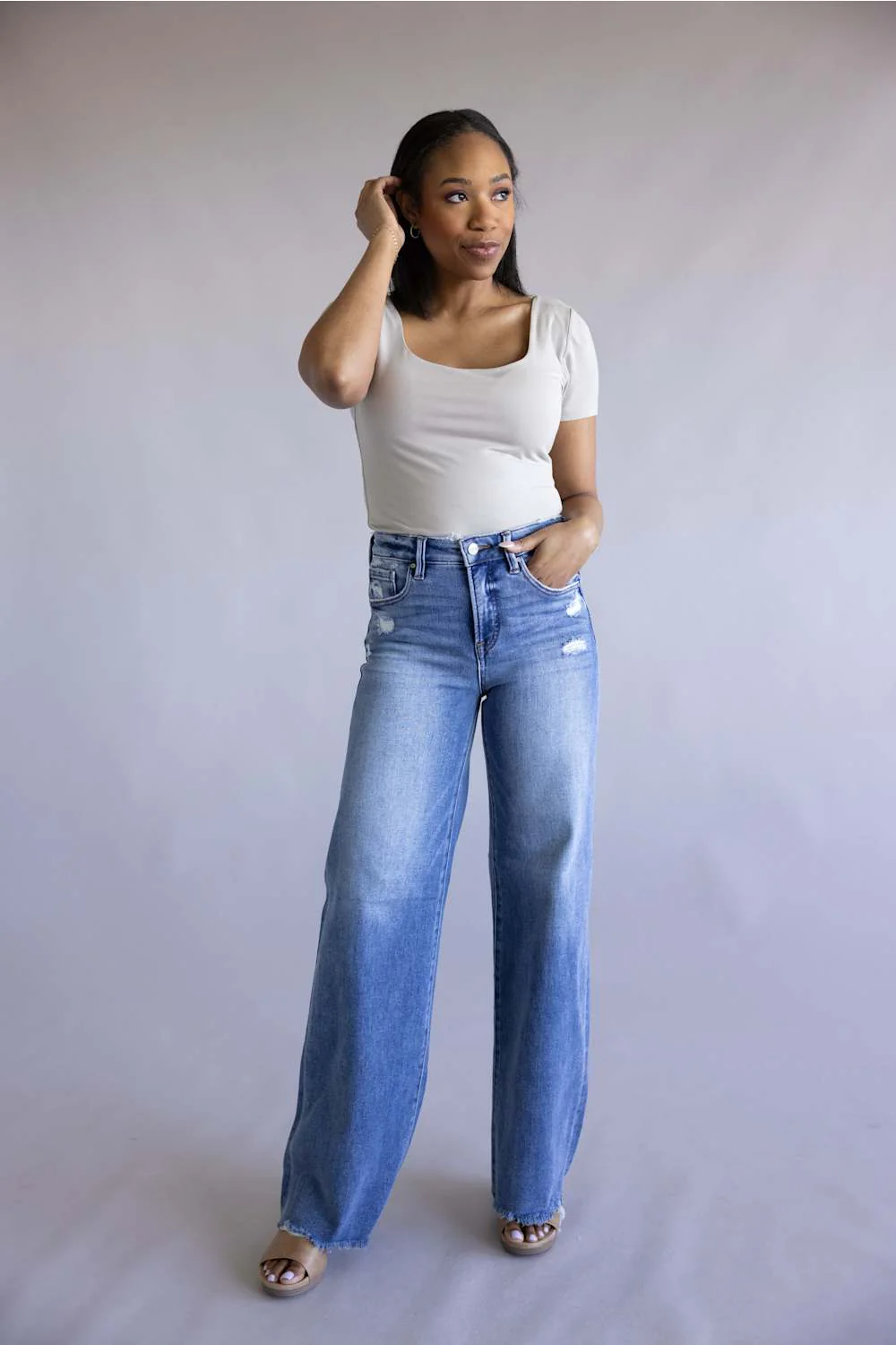 Risen Mid Rise Tummy Control Wide Leg Jeans for Women | RDP5890-MD - Image 5