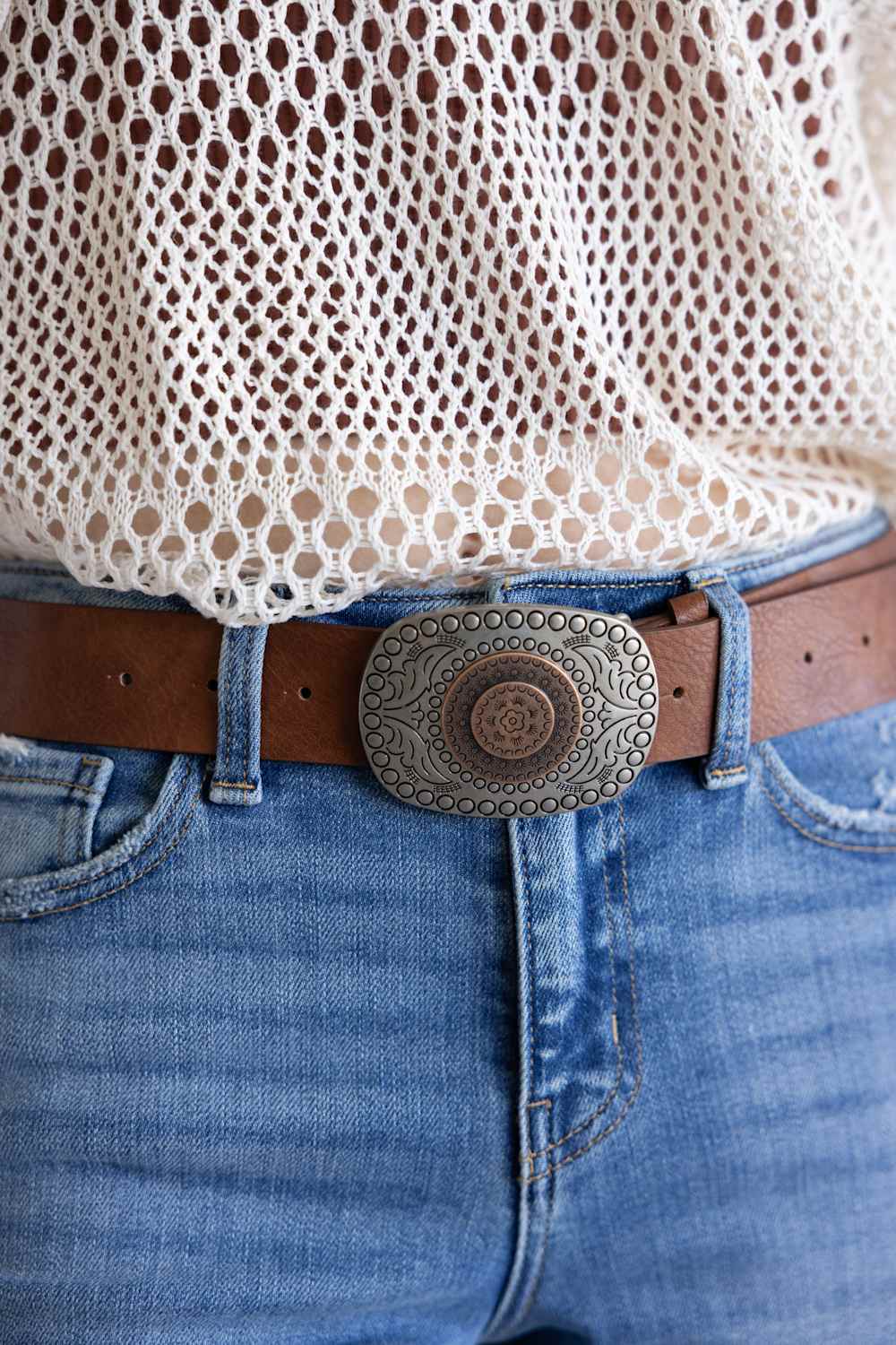 Roman Floral Buckle Belt for Women in Cognac/Silver | IW38069-2T-COGNAC - Image 2