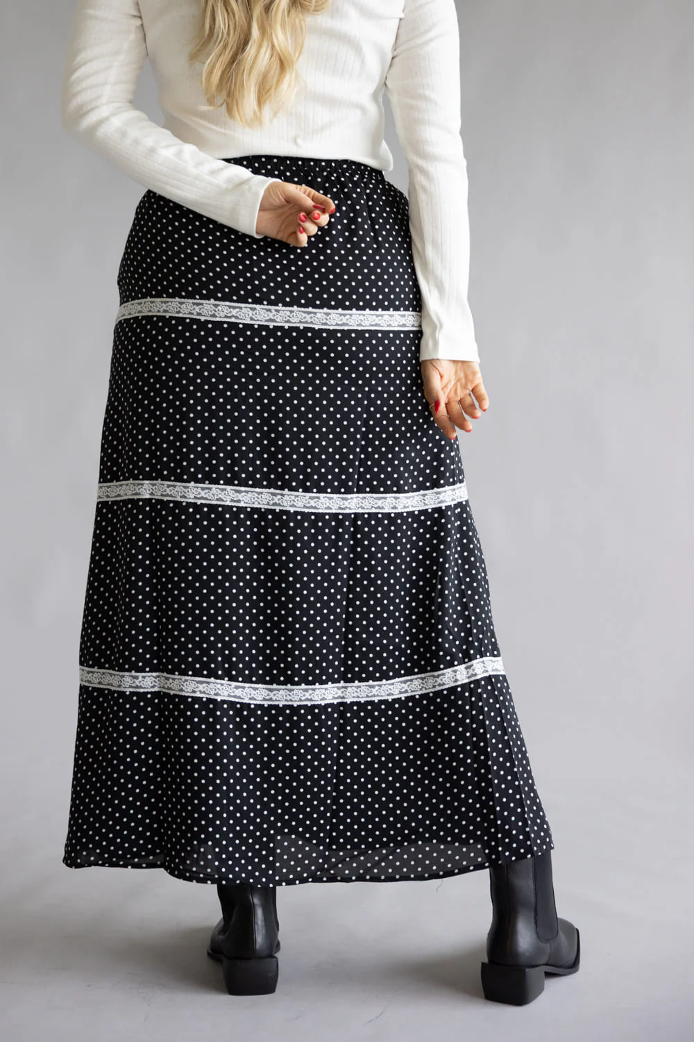 Rowan Polka Dot Tiered Maxi Skirt for Women in Black | PCS1037-BLACK - Image 3