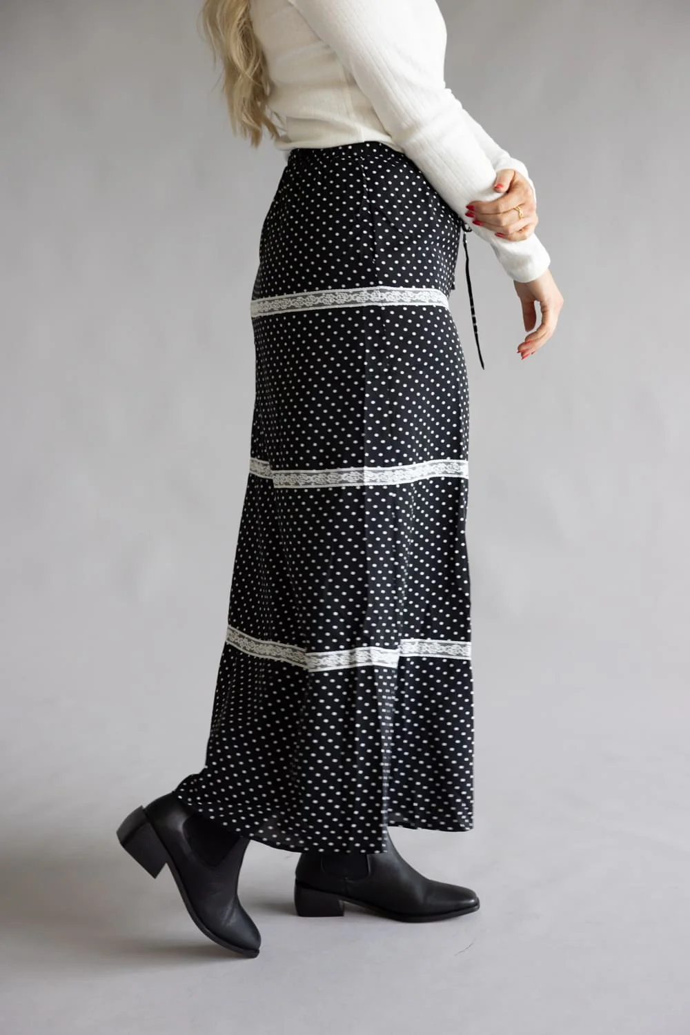 Rowan Polka Dot Tiered Maxi Skirt for Women in Black | PCS1037-BLACK - Image 4
