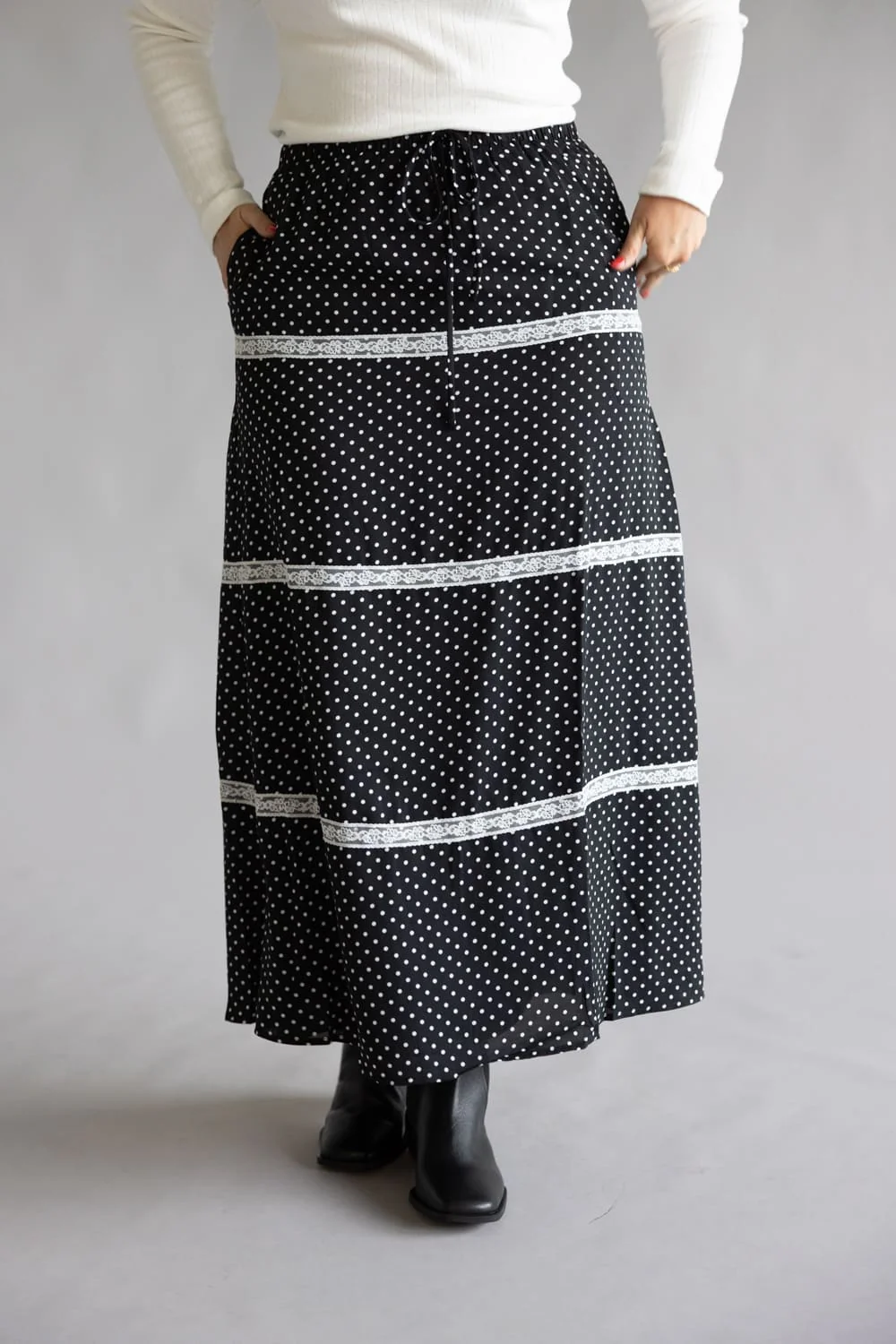 Rowan Polka Dot Tiered Maxi Skirt for Women in Black | PCS1037-BLACK - Image 5