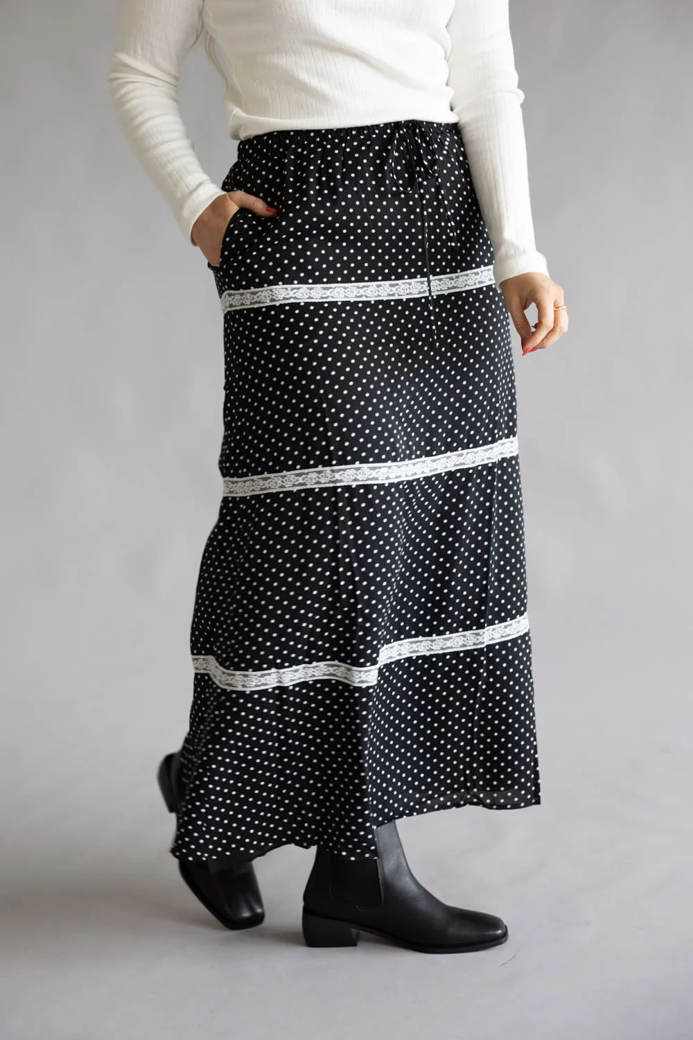 Rowan Polka Dot Tiered Maxi Skirt for Women in Black | PCS1037-BLACK - Image 6