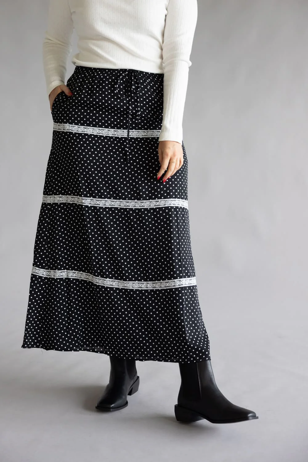 Rowan Polka Dot Tiered Maxi Skirt for Women in Black | PCS1037-BLACK - Image 7